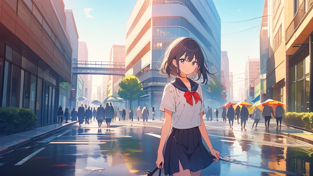 (masterpiece, highest quality, highest quality, Official Art, beautifully), (One girl:1.3),summer,Short sleeve。In the city after the rain、People walking with umbrellas