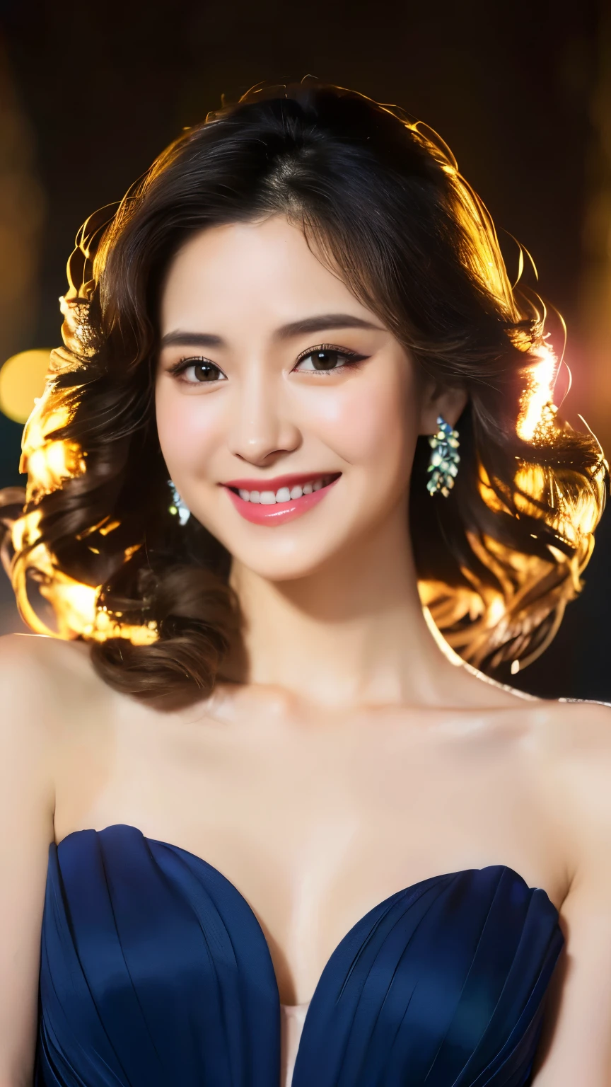 (8K), (best quality: 1.2), (Practical), (Reality: 1.37), Ultra HD, Ultra Detail,1 Chinese girl, Lovely, Smile, Shut up, Makeup, Beautiful details, Beautiful nose, Half Body, Wet hair, evening dress