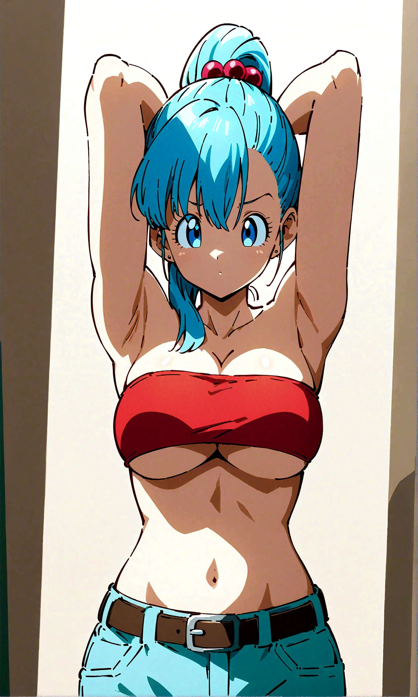  score_9, score_8_up, score_7_up, BREAK from front,upperbody,1girl,bulma, blue eyes, blue hair,bare shoulders, belt, cleavage, hair bobbles, hair ornament, hair over shoulder, (big breast),midriff, navel, one side up, red tube top, shorts, side ponytail, (strapless, tube top,under_boob:1.2),(arms up,arms uo behind,contrapost,standing),masterpiece, best quality, detailed shadows, detailed body, highly detailed, anime coloring.anime style,