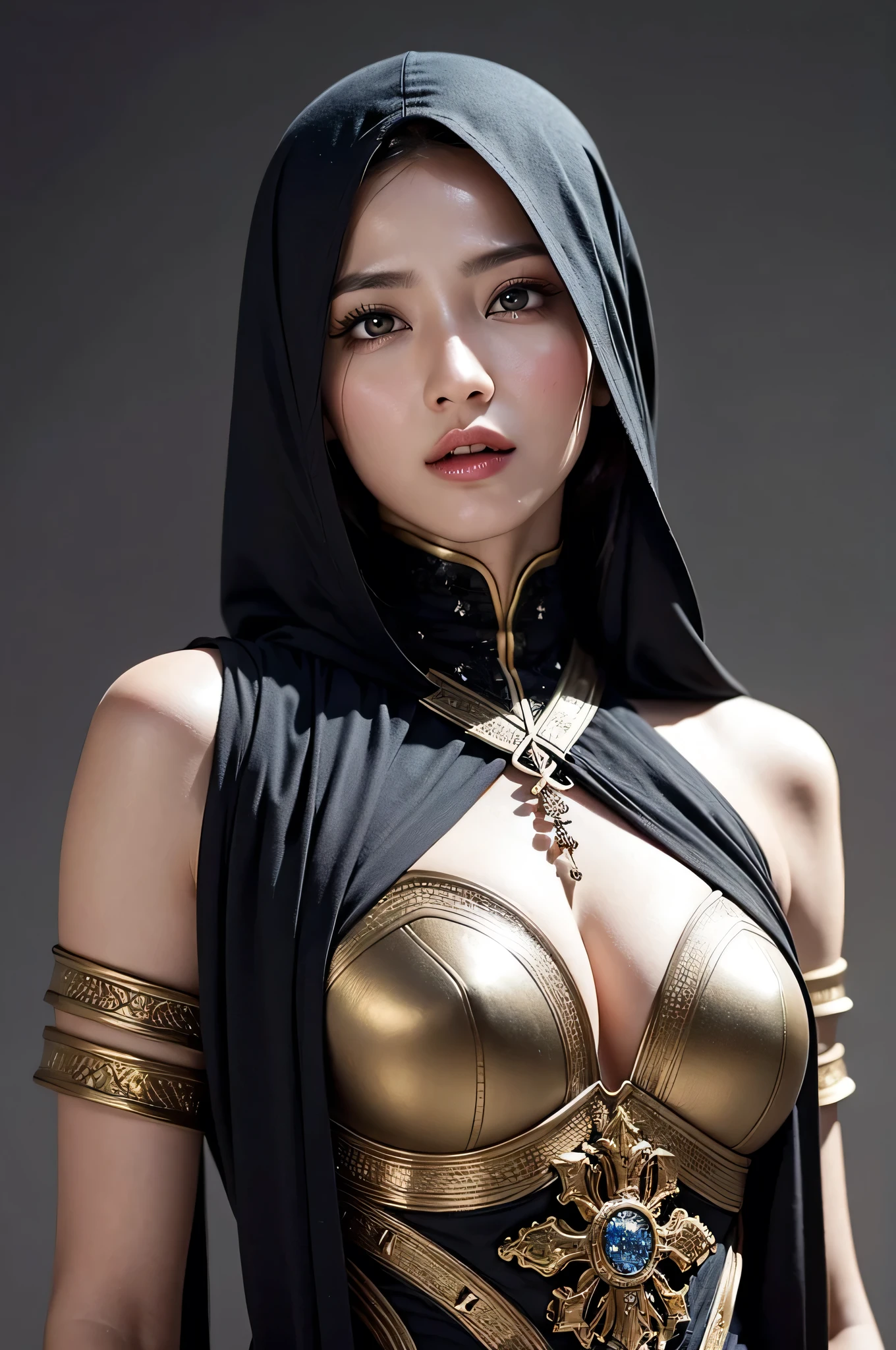 model shoot, (1 woman 30 years old), Islamic warrior, hyper realistic, super detailed, Dynamic shot, masterpiece, scene sharp détails, perfect eyes, perfect skin, perfect hands, fierce leader, battle field