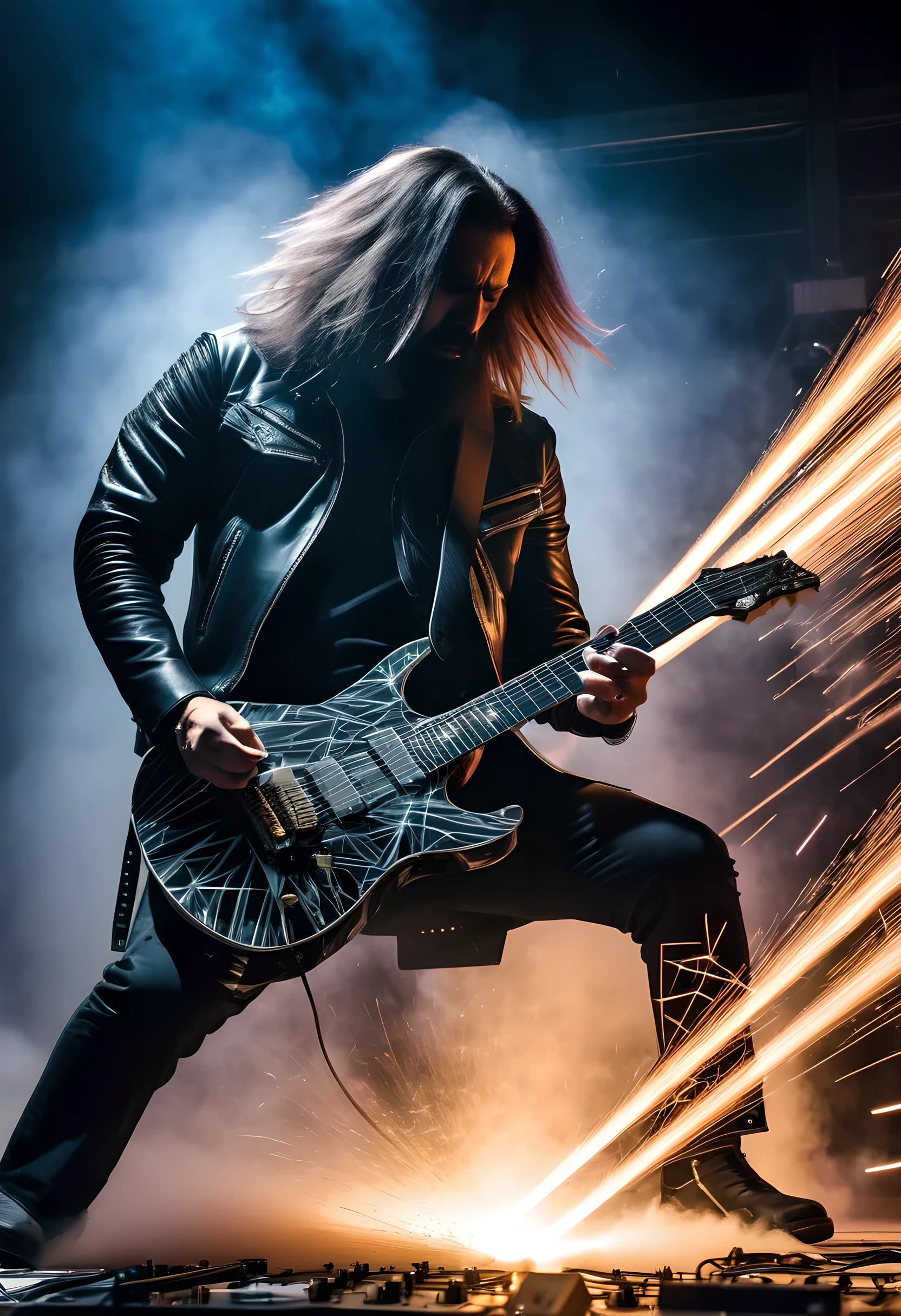 Heavy metal guitarist, scratching sharp-edged guitar, stage effects of explosions, laser beams coming and going,