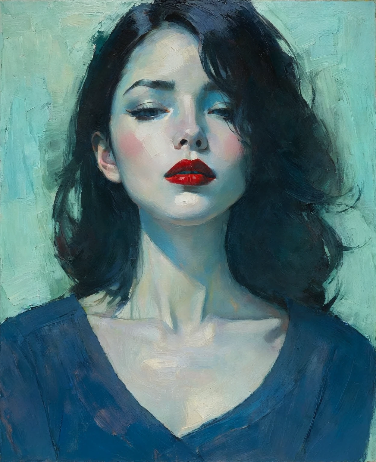 painting of a woman with a blue shirt and red lipstick, Create a portrait of a person in a contemplative or intimate pose, drawing inspiration from the art style of Malcolm Liepke. Use expressive and thick brushstrokes to add texture and depth to the painting. Employ a rich and harmonious color palette, focusing on deep, saturated hues contrasted with subtle skin tones. Pay special attention to the interplay of light and shadow to create a sense of volume and mood. The background should be abstract and textured, complementing the figure without overwhelming it. Highlight the emotional depth of the subject through their eyes and facial expression, capturing a moment of introspection or quiet intensity. The clothing and surrounding elements should blend seamlessly into the overall composition, with less detail, allowing the figure to remain the focal point. Strive to balance realism with painterly abstraction, emphasizing the tactile quality of the paint and the emotional resonance of the subject