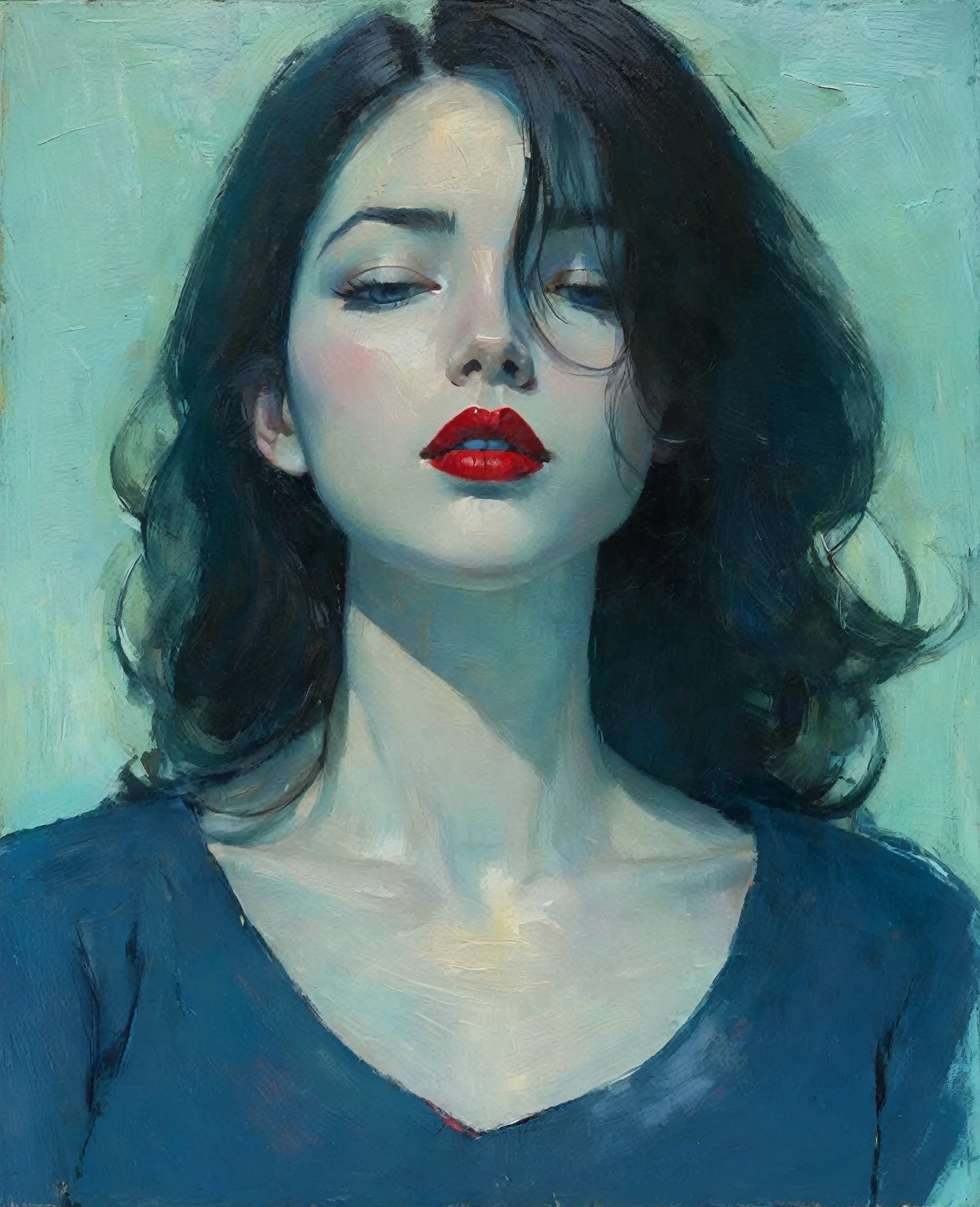 painting of a woman with a blue shirt and red lipstick, Create a portrait of a person in a contemplative or intimate pose, drawing inspiration from the art style of Malcolm Liepke. Use expressive and thick brushstrokes to add texture and depth to the painting. Employ a rich and harmonious color palette, focusing on deep, saturated hues contrasted with subtle skin tones. Pay special attention to the interplay of light and shadow to create a sense of volume and mood. The background should be abstract and textured, complementing the figure without overwhelming it. Highlight the emotional depth of the subject through their eyes and facial expression, capturing a moment of introspection or quiet intensity. The clothing and surrounding elements should blend seamlessly into the overall composition, with less detail, allowing the figure to remain the focal point. Strive to balance realism with painterly abstraction, emphasizing the tactile quality of the paint and the emotional resonance of the subject