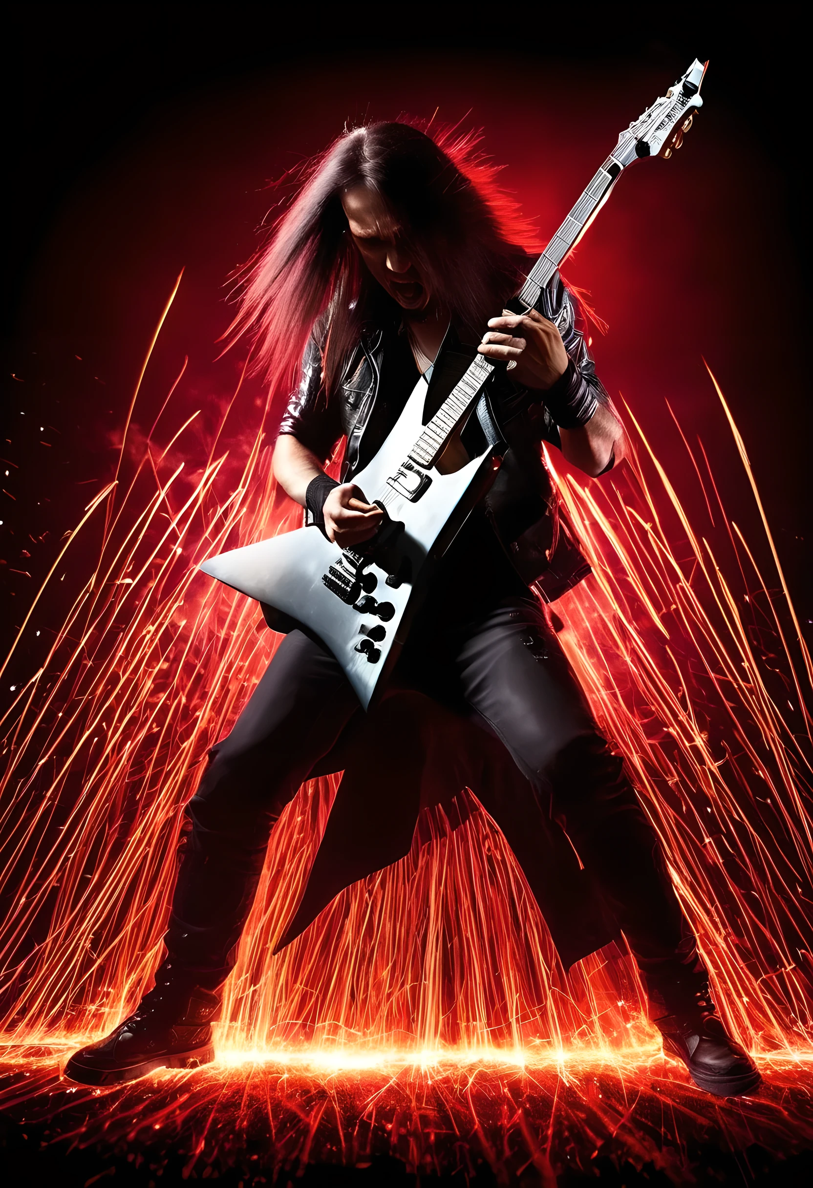 Heavy metal guitarist, scratching sharp-edged guitar, stage effects of explosions, laser beams coming and going,