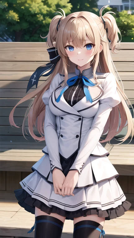 masterpiece, best quality, highres, 1girl, solo, long hair, blonde hair, two side up, (hair ribbon:1.1), blue eyes, neck ribbon, , white jacket, juliet sleeves, long sleeves, white skirt, thigh ribbon, black thighhighs, outdoors, cowboy shot, standing,
