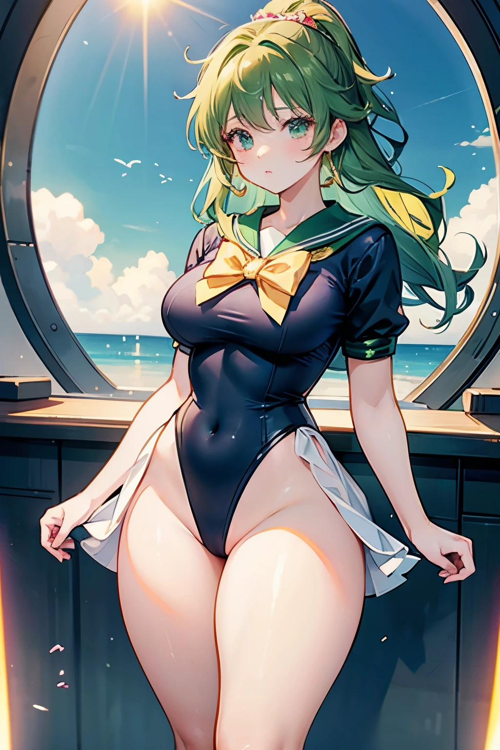  anime girl fantasy, sailor Jupiter, leotard side skirt, big boobs, front view, solo photo, hair, thick thighs, standing, thick legs, 