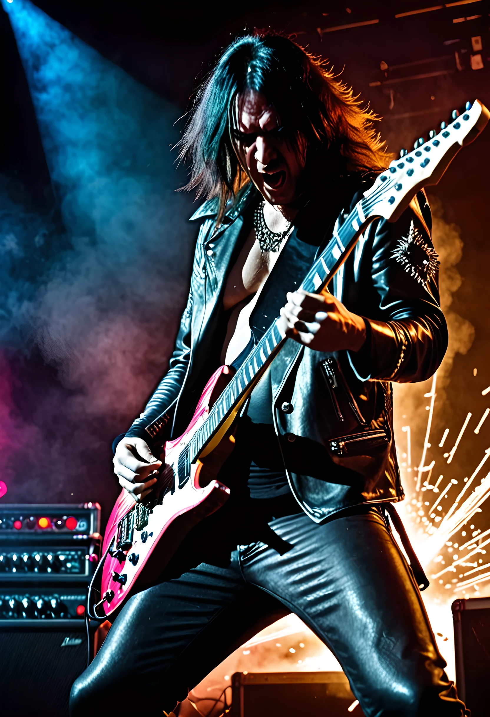 Heavy metal guitarist, scratching sharp-edged guitar, stage effects of explosions, laser beams coming and going,