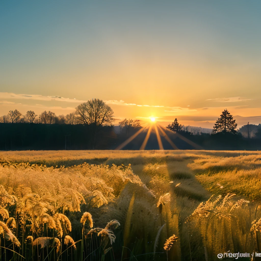 A frosted field of tall grass in the early morning sunlight.