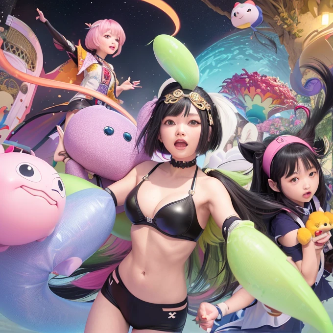 Group image of a group of Asian women posing for a photo，The upper part of the body、one girls、i have silver hair color、Two-tone、(Pink Highlight Hair、Curly hair，floral headband、very Bigger breasts、Sorcerer、whore、idol、garterbelts、off shoulders、Dancing、Jumping、Has a shining wand、Countless glowing spheres float、Glowing soap bubbles、cgstation ，ulzzang，（color），Multi-colored clothes, Popular on bbwchan, Yan Juncheng, Girls' Generation, Pink complexion（（（Many female dancers）））動物illustration，mixed species，different kinds of animals，various species，diverse animals，digimon evolution，ultimate evolution，Perfect body，ultimate body，horse，Anthropomorphic，digimon evolution，ultimate evolution，Perfect body，ultimate body，UFO，有是horse，Anthropomorphic，best quality，Super detailed，Realistic，（真實Art，概念Art：1.2），humor，天horse行空的imagination，quirky style，Cartoon creatures，Crazy combination，chaotic scene，，creativity，Art，mixed species啟發，Pokemon style，Love to play、whimsical、Colorful、Playful、imagination、Mysterious atmosphere、Cute characters、unique design、fictional animals、eye-catching、Attention to detail、Colorful、expressiveness、Entertainment、Unconventional、Stimulate、various kinds，animal diversity，harmonious relationship，peaceful coexistence，animal world，Art表現，Beautifully illustrated creatures，Amazing fusion，hybrid animals，Unusual biological pairings，口袋妖怪Art風格，數碼寶貝關鍵Art，杉森健Art，Maki Haku，位圖Art，釋放imagination，charming depiction，Case，Interesting visual storytelling，Rich creativity，Wonderful composition，自然的Art靈感，迷人的Art作品，Rich narrative，whimsical的故事，Playful的詮釋，富有imagination的設置，獨特的Art表達，Lively and dynamic，images full of energy，stunning details，精心製作的Art品極品，masterpiece，illustration，Mecha，mechanical，Fluffy tail，mechanical腿，（fluorescent色：1.5），（Laser purple light：1.1），Foxfire，fluorescent