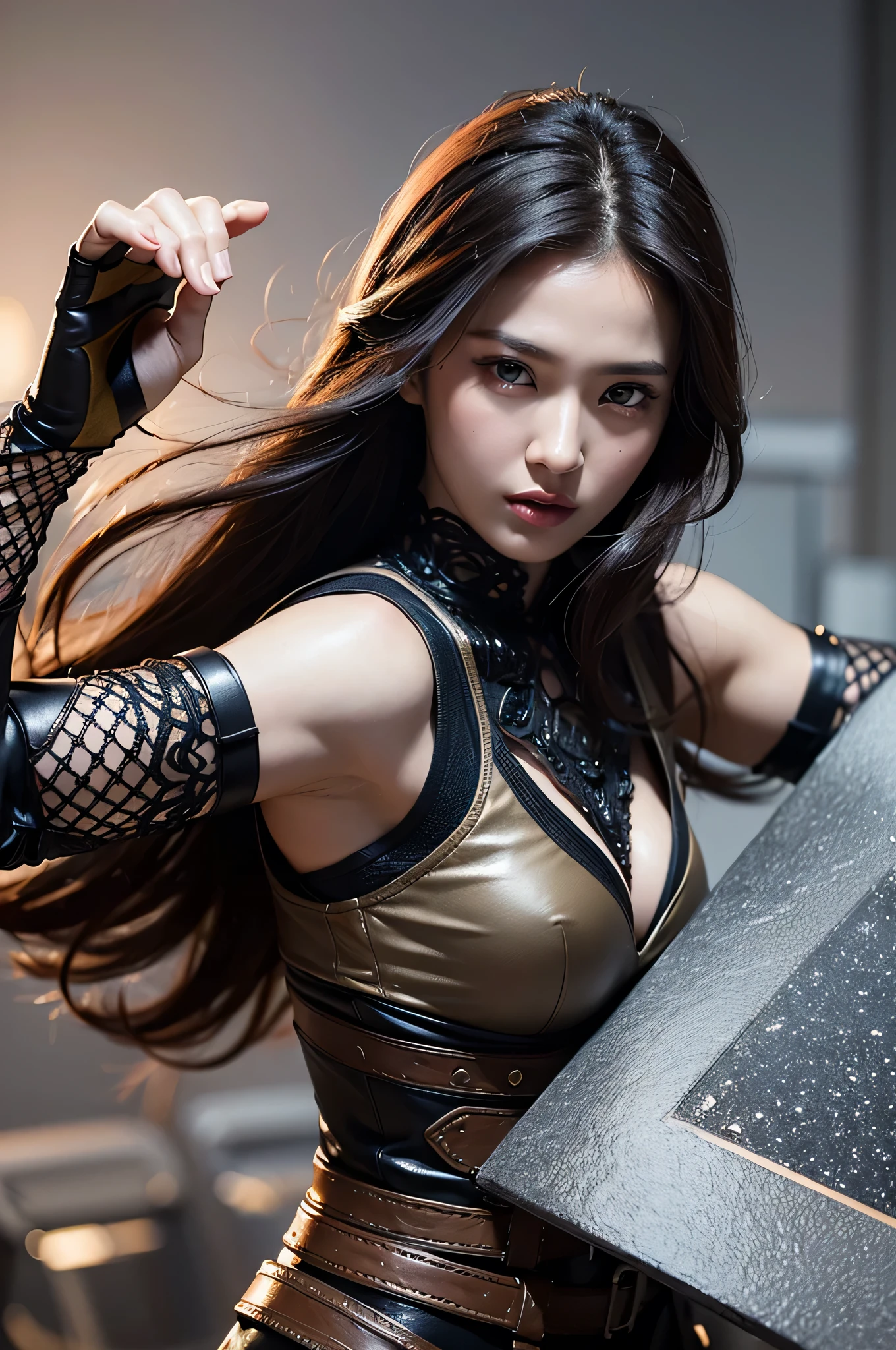 model shoot, (1 girl), Islamic Warriors, surreal, Super detailed, dynamic shot, masterpiece, Sharp details in the scene, perfect eyes, perfect skin, perfect hands, midium black hair