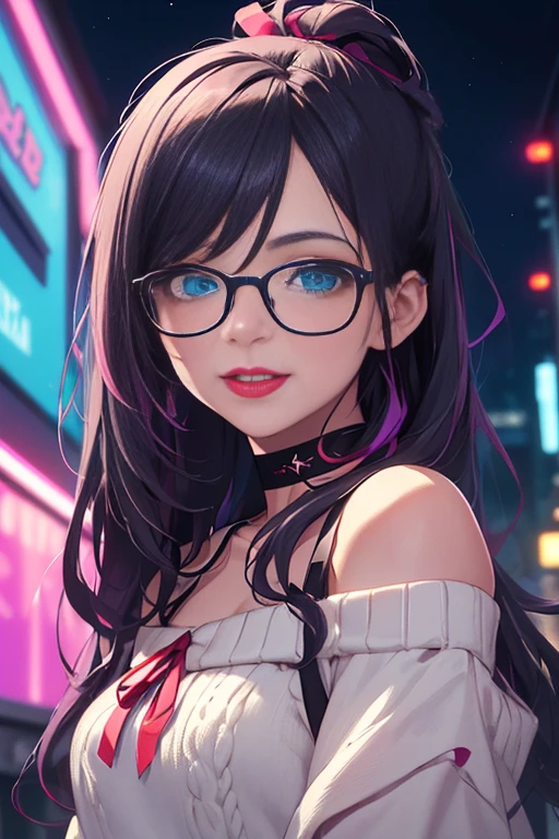 (Best quality, Ultra detailed, Masterpiece:1.2), 1girl, perfect face, female, gamer girl, aqua eyes, cherry-red lips, light smile, long black hair, purple streaked hair, purple highlights, bangs, ribbon, choker, nerdy glasses, white off-shoulder sweater, nighttime, neon lights in the background, colorful lights