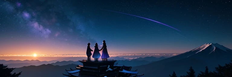 The night sky is、It starts with a deep purple color that evokes the infinite universe that stretches out into the distance.、Dark blue transitioning into silent darkness、andほのかな希望の光を灯すような珊瑚色へと移り変わっています。This color change is、It feels like being part of a magical ritual that unlocks the mysteries of the universe.。 In this night sky、A beautiful harmony of traditional Japanese scenery。In the distance、The five-story pagoda stands tall、Symbolizes ancient wisdom and serenity。Mount Fuji towers nearby.、Its majestic appearance casts a powerful presence in the night sky.。The full moon rises above the mountain、Projects a fantastic light into the night sky。 and、In this magnificent landscape、Two figures are depicted。A pair of men and women、Admiring the beauty of the night sky、We sense each other's presence。Their silhouettes、A symbol of love and serenity、It perfectly captures this beautiful night scene.。