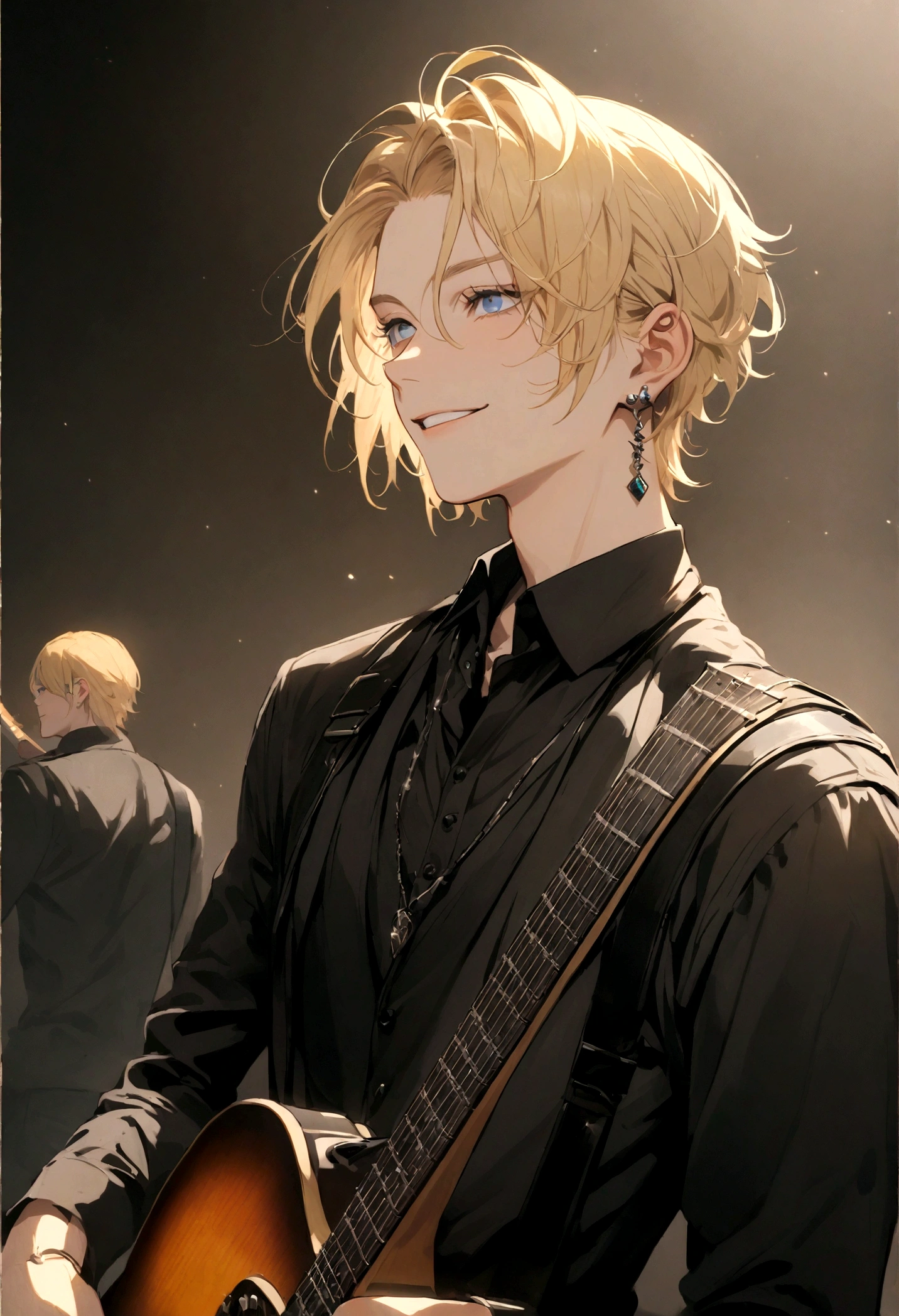 male with blond hair, blue eyes, earrings, smiling, black shirt like a rock singer. guitar on his back.