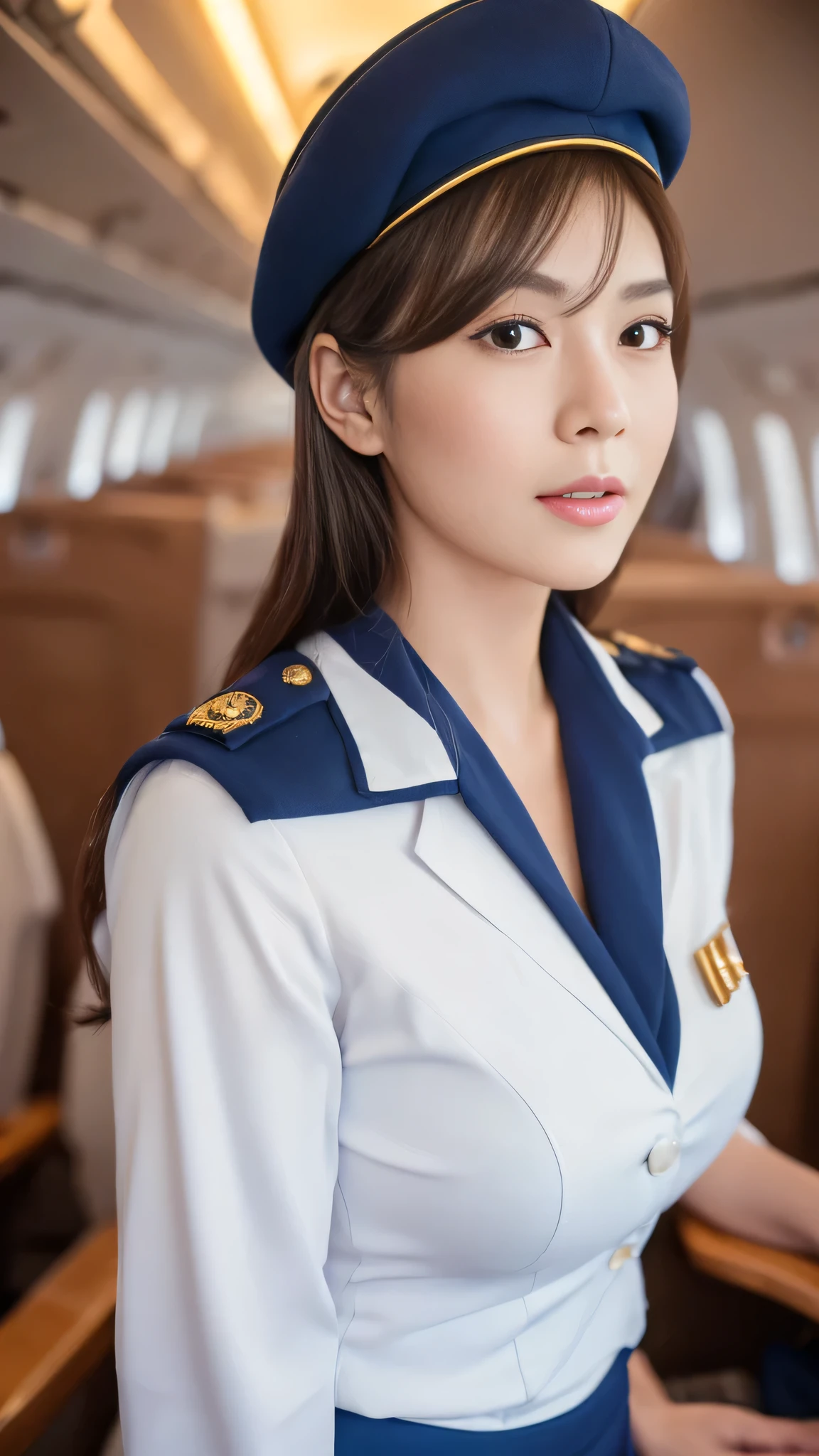 (8k, best quality, masterpiece, golden ratio composition,:1.3), (Zoom out shot:1.2), (A beautiful Japanese mature woman dressed in a classic flight attendant uniform, uniform is navy blue with a matching small beret, white blouse, red neck scarf, neatly styled hair ,light makeup), (huge breasts), standing in an airplane cabin