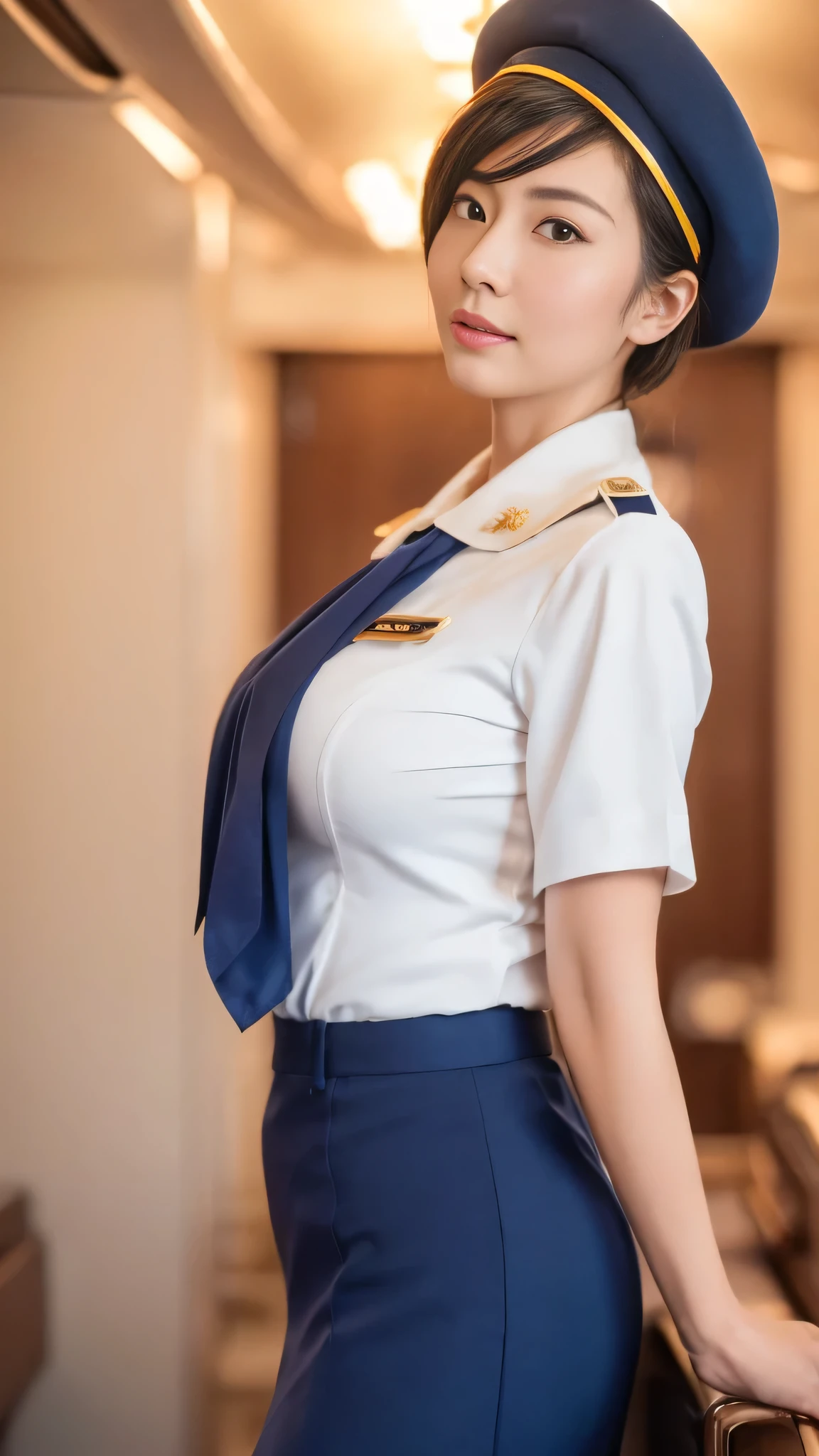 (8k, best quality, masterpiece, golden ratio composition,:1.3), (Zoom out shot:1.2), (A beautiful Japanese mature woman dressed in a classic flight attendant uniform, uniform is navy blue with a matching small beret, white blouse, red neck scarf, neatly styled hair ,light makeup), (huge breasts), standing in an airplane cabin