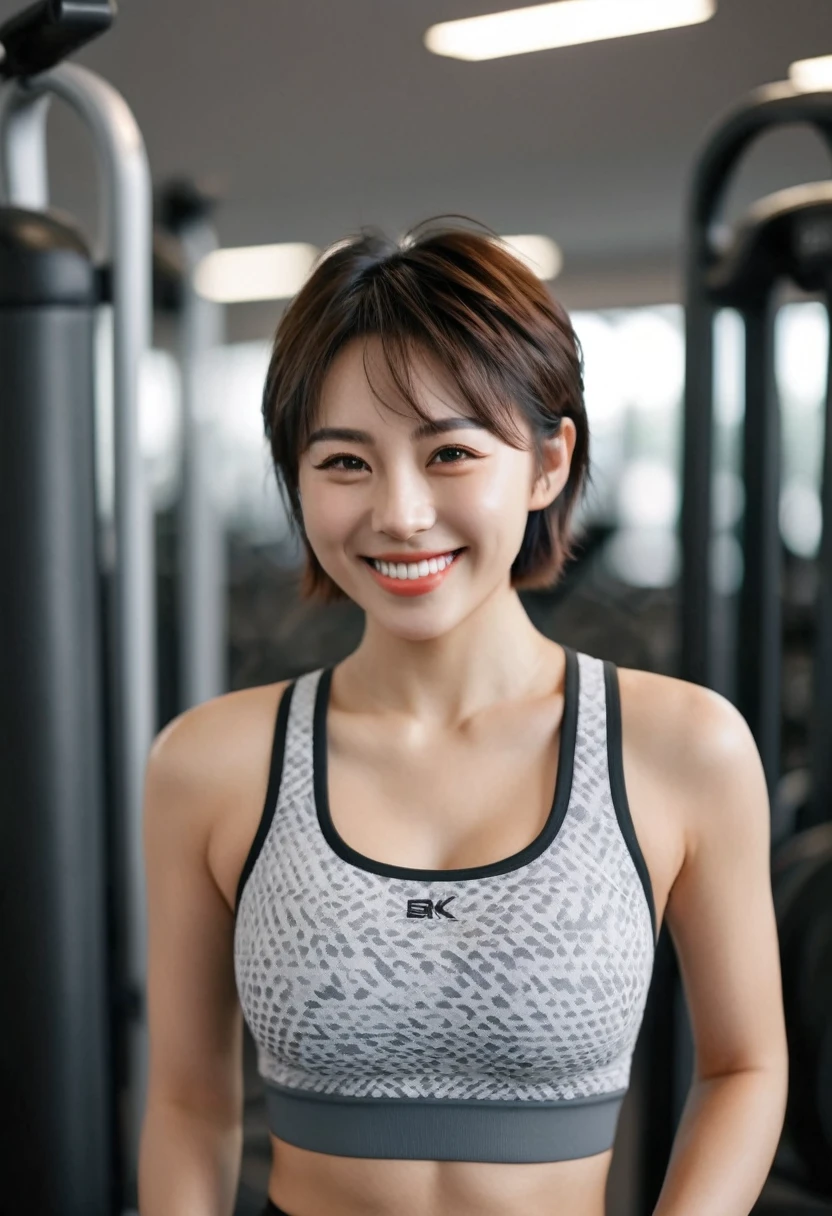 best quality, 8k, highly detailed face and skin texture, high resolution, huge tits cute short hair japanese girl in sport bra with abs smile at gym, full body, sharp focus