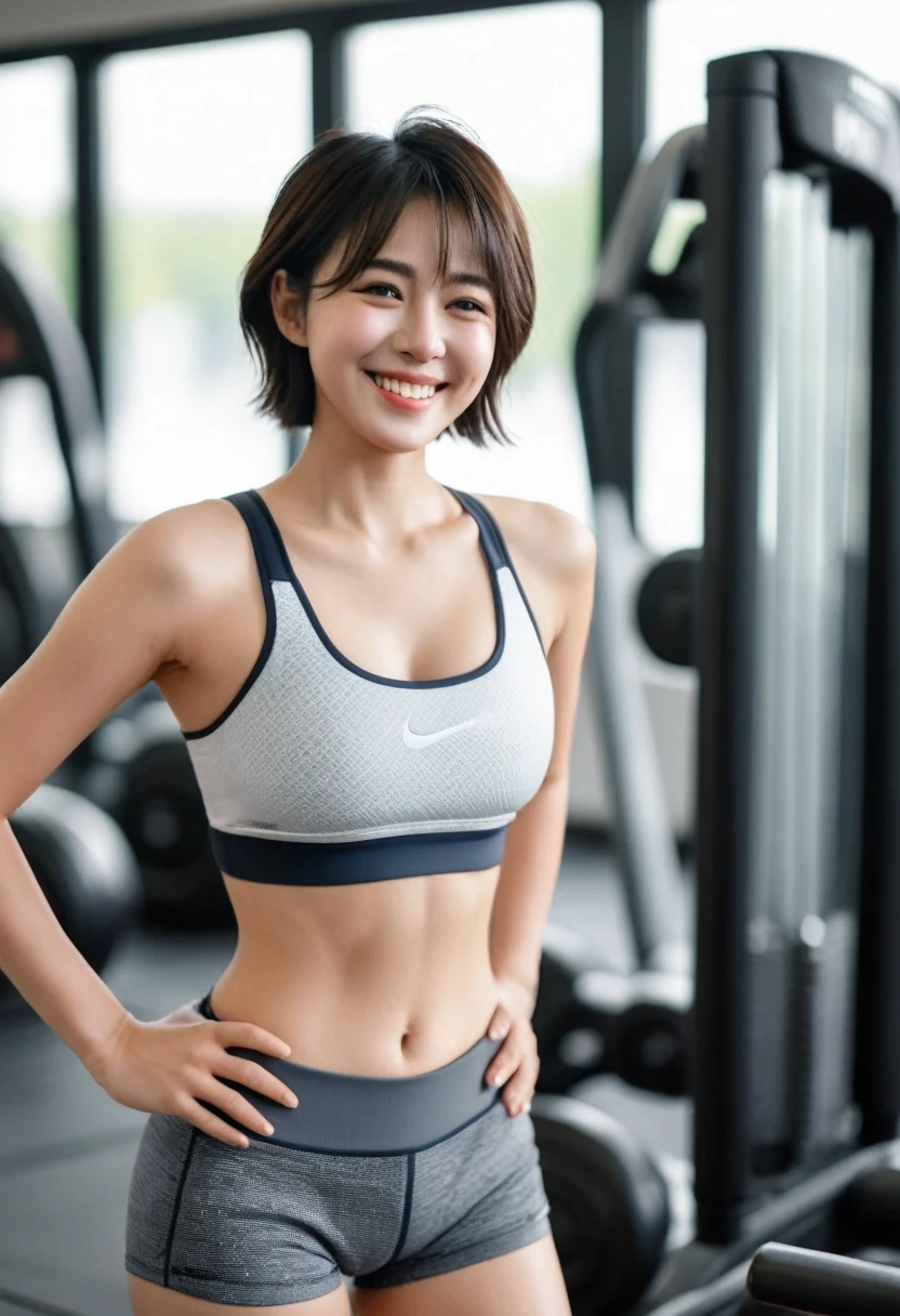 best quality, 8k, highly detailed face and skin texture, high resolution, huge tits cute short hair japanese girl in sport bra with abs smile at gym, full body, sharp focus
