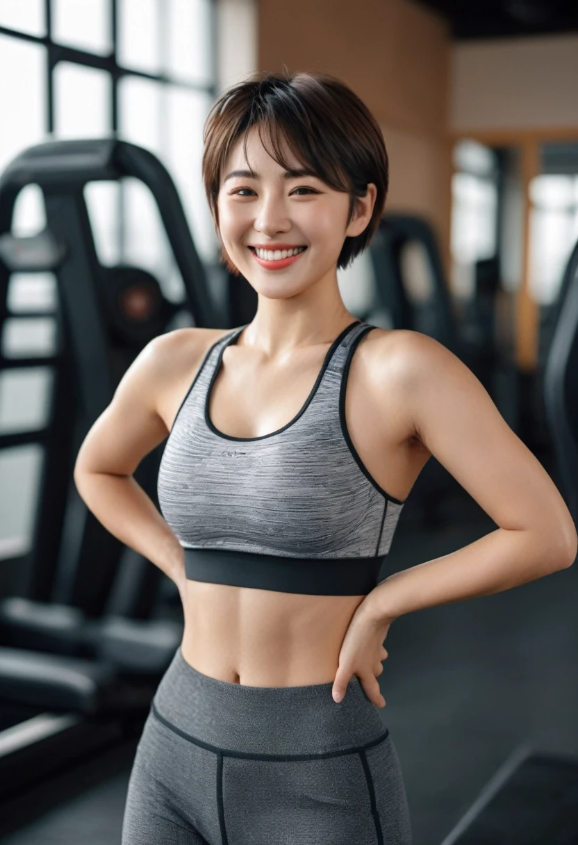 best quality, 8k, highly detailed face and skin texture, high resolution, huge tits cute short hair japanese girl in sport bra with abs smile at gym, full body, sharp focus