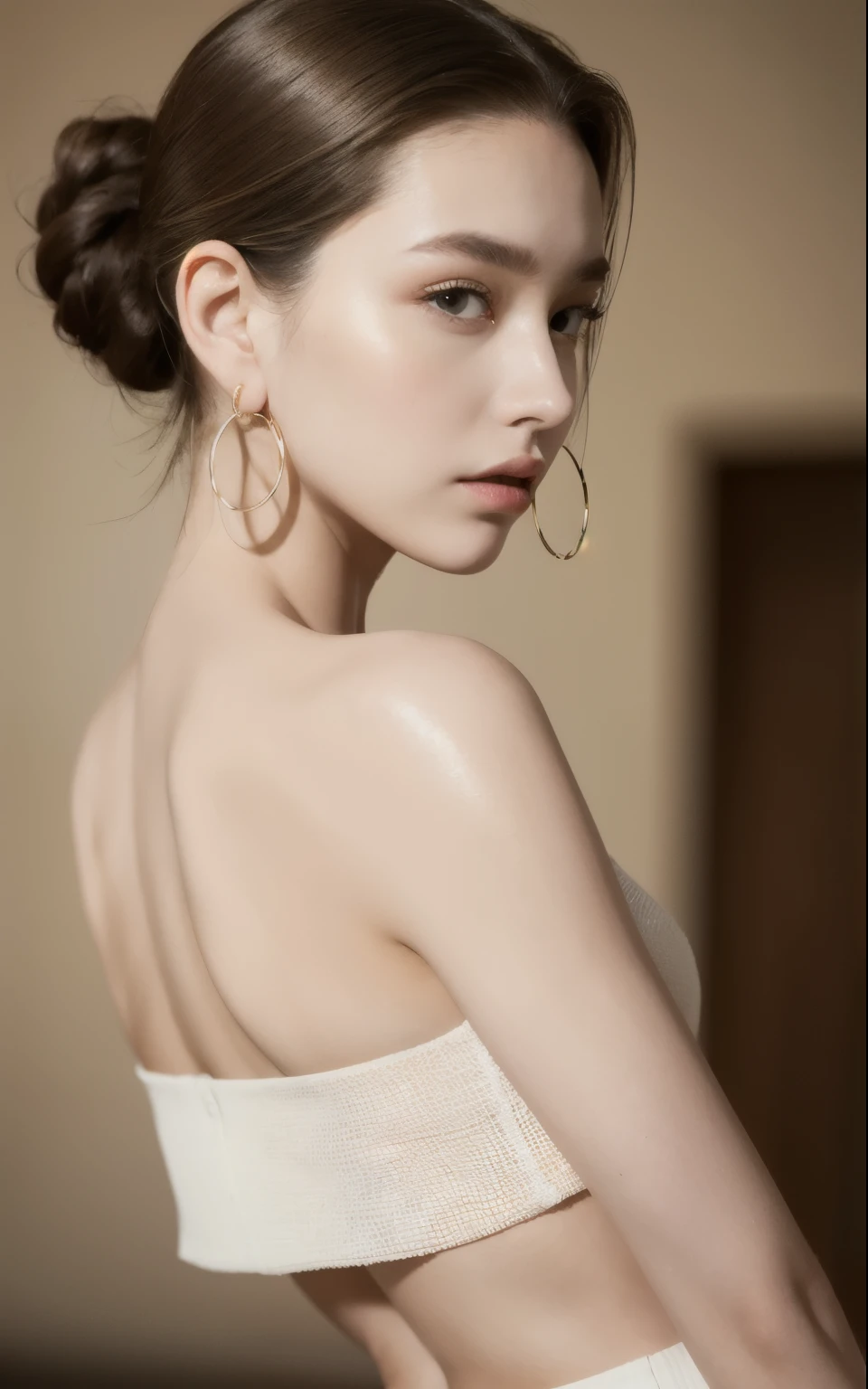(((Masterpiece))), (((portrait))), Kujou Sara, diffused light, dynamic shadows, sharp focus, realistic, detailed, highres, absurdres, white background, no bra, photorealistic, lifelike, wet, mascara, blushing, sleeveless, youthful appearance, pee stain, white panties, (((nudist))), (((swept bangs))), (((side braided ponytails))), (((lips apart))), (((side))),