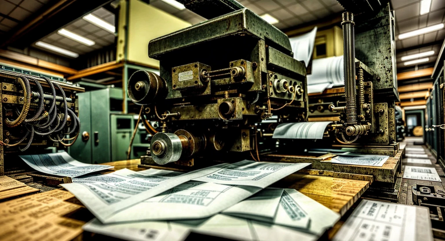 Machines, surrounded by paper