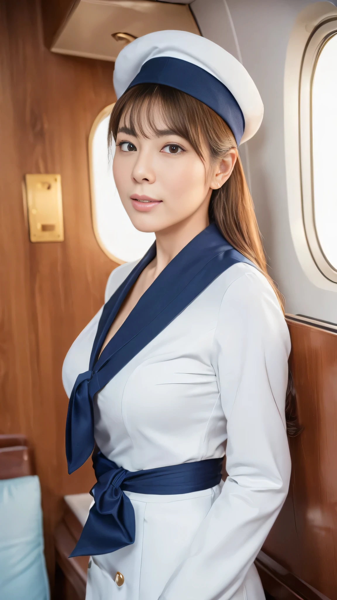 (8k, best quality, masterpiece, golden ratio composition,:1.3), (Zoom out shot:1.2), (A beautiful Japanese mature woman dressed in a classic flight attendant uniform, uniform is navy blue with a matching small beret, white blouse, red neck scarf, neatly styled hair ,light makeup), (huge breasts), standing in an airplane cabin