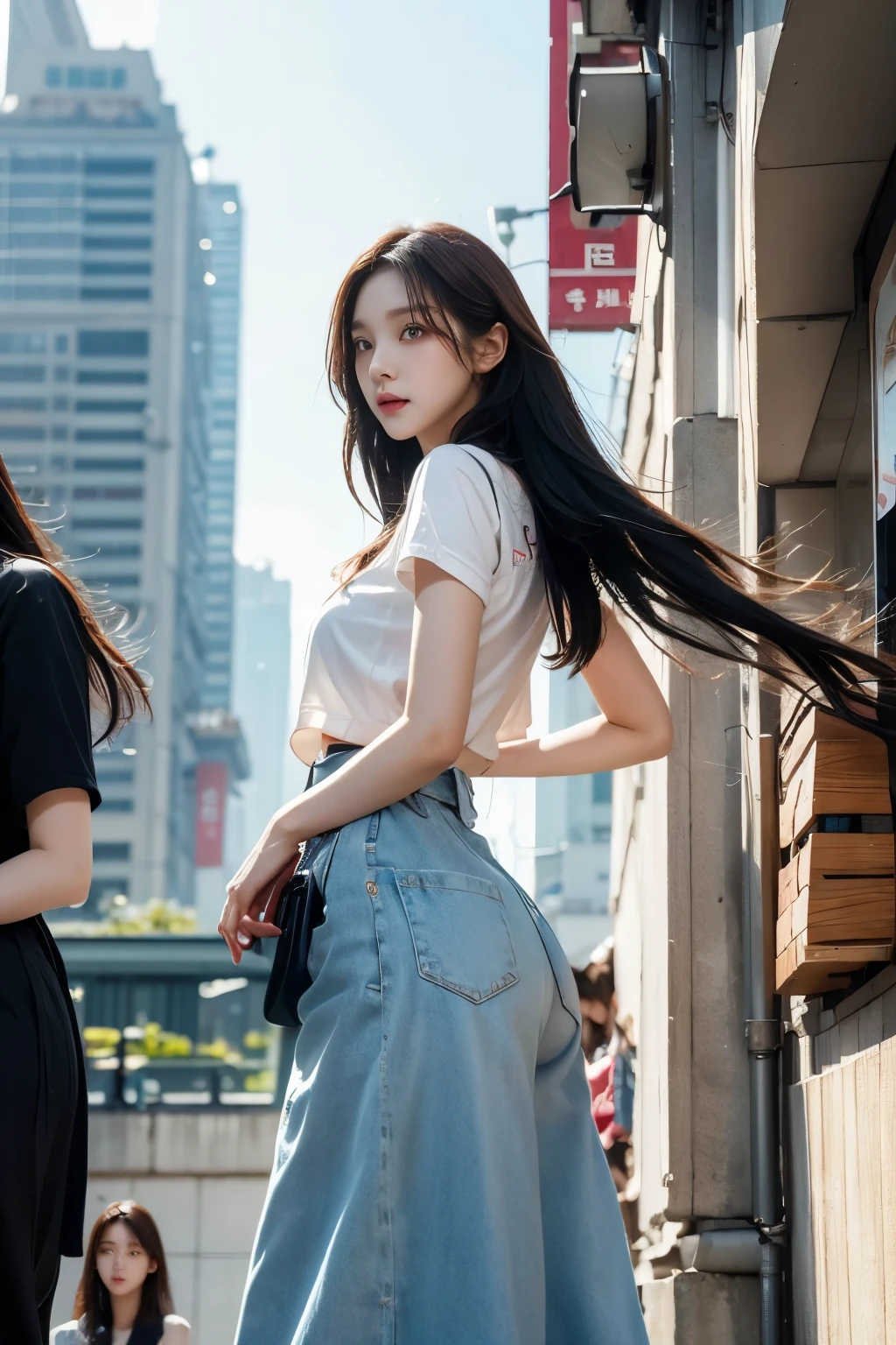 A Korean beauty standing in front of a crowded building in Hong Kong, Popular street fashion in Korea, Popular hairstyles in Korea, Posing in front of the camera, (from below:1.4), (masterpiece), 8K, Highly detailed facial expressions,