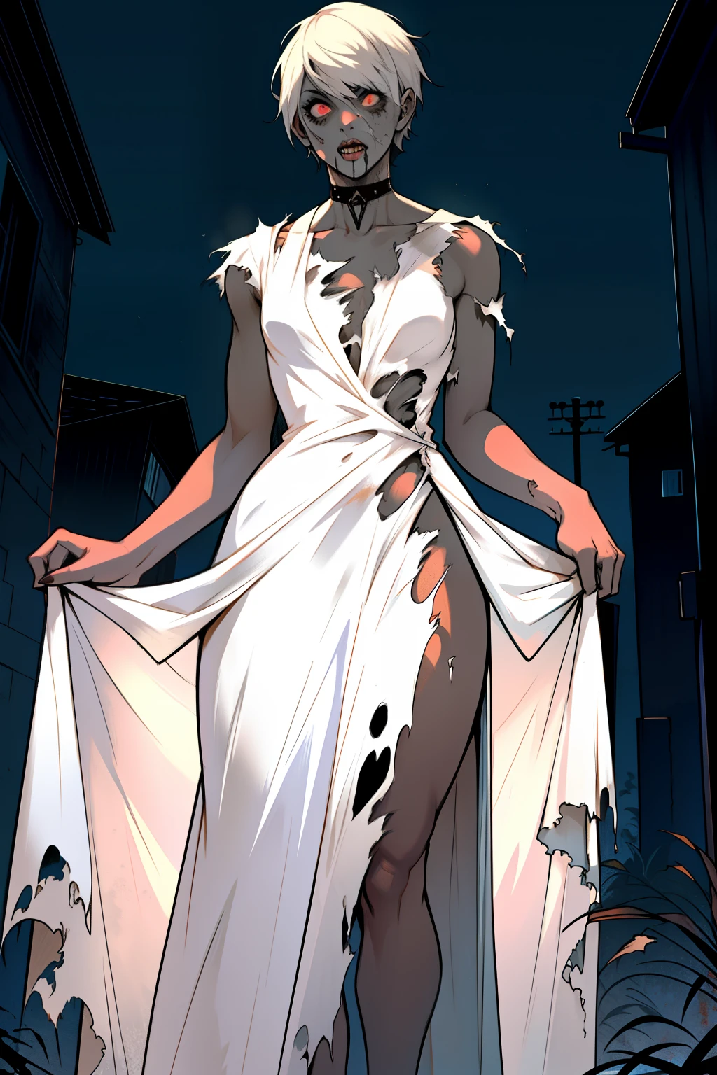 zombie, living Dead , living Dead girl , short hair , torn long dress , living Dead girl , Whole body , living Dead , Long torn white dress , Long and wide dress , at night , Torn dress , living Dead features , sexual body , sexual , athletic, unfocused look, She stands directly in front of the viewer, with hands down