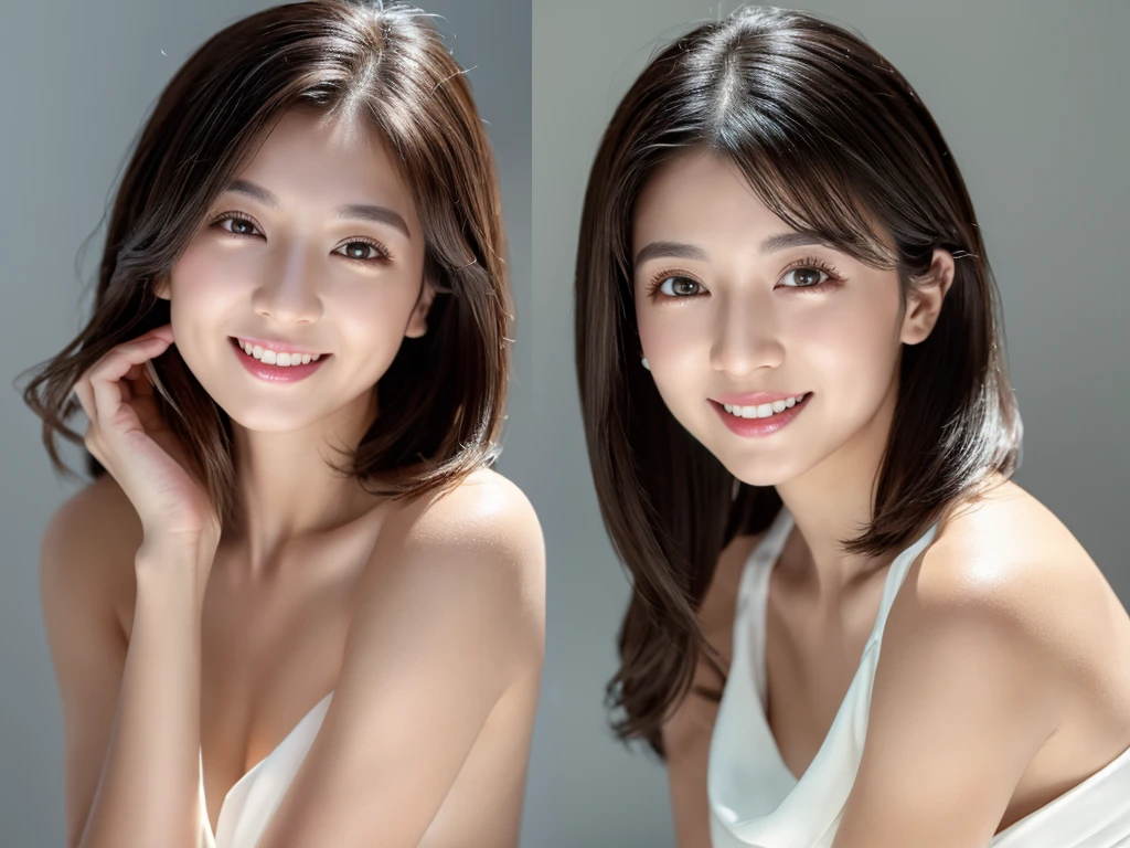 highest quality、8k Masterpiece、superA high resolution、(Photorealistic:1.3)、RAW Photos、1 girl、Black Hair、extremely detailed Glowing Skin、18 years old、Portrait、Global Illumination、Shadow、Octane Rendering、8k、Super sharp、Beautiful breastetal、Cold colors、Very intricate detailuch Light、CGSoation Trend、extremely detailed Beautiful Eyes、Shining Eyes、To the camera、Neon Details、extremely detailed Clear skin、long hair、smile、Featured on cosmetics website、Elegance、Photo Studio、short hair、?????、more lighting, photo painting, Picture-perfect, perfect white skin,