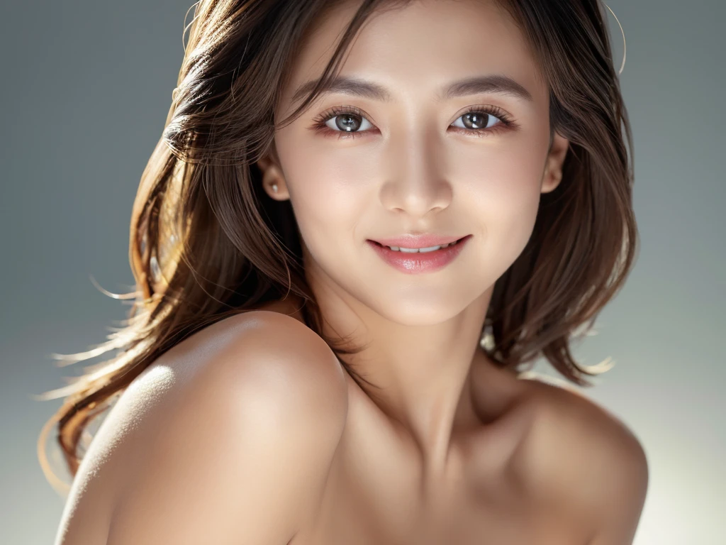(best qualtiy, 8k, tmasterpiece:1.3)) ,(One guy:1.4),1girl,A Korean woman,A goddess,25 age old,Portrait Photogram,hight contrast, God perspective,Aperture F1.2,Focal length 24mm,( full bodyesbian:1.2),ssmile,posed for photo,No clothing,cabelos preto e longos,hair tying up,Ultra-detailed skin details