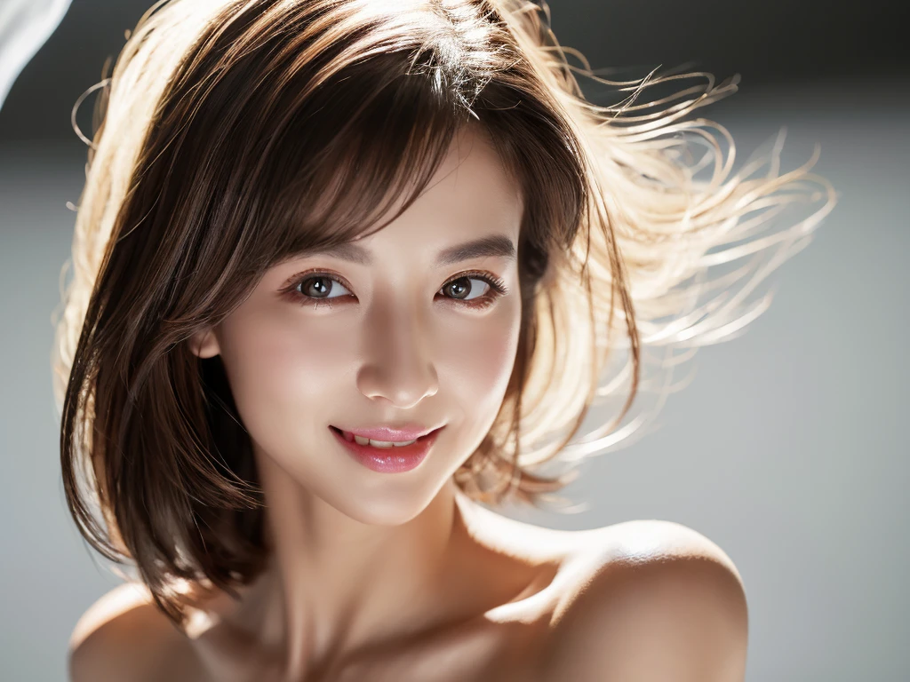 highest quality、8k Masterpiece、superA high resolution、(Photorealistic:1.3)、RAW Photos、1 girl、Black Hair、extremely detailed Glowing Skin、50 years old、Portrait、Global Illumination、Shadow、Octane Rendering、8k、Super sharp、Beautiful breastetal、Cold colors、Very intricate detailuch Light、CGSoation Trend、extremely detailed Beautiful Eyes、Shining Eyes、To the camera、Neon Details、extremely detailed Clear skin、long hair、smile、Featured on cosmetics website、Elegance、Photo Studio、short hair、naked、more lighting, photo painting, Picture-perfect, white skin