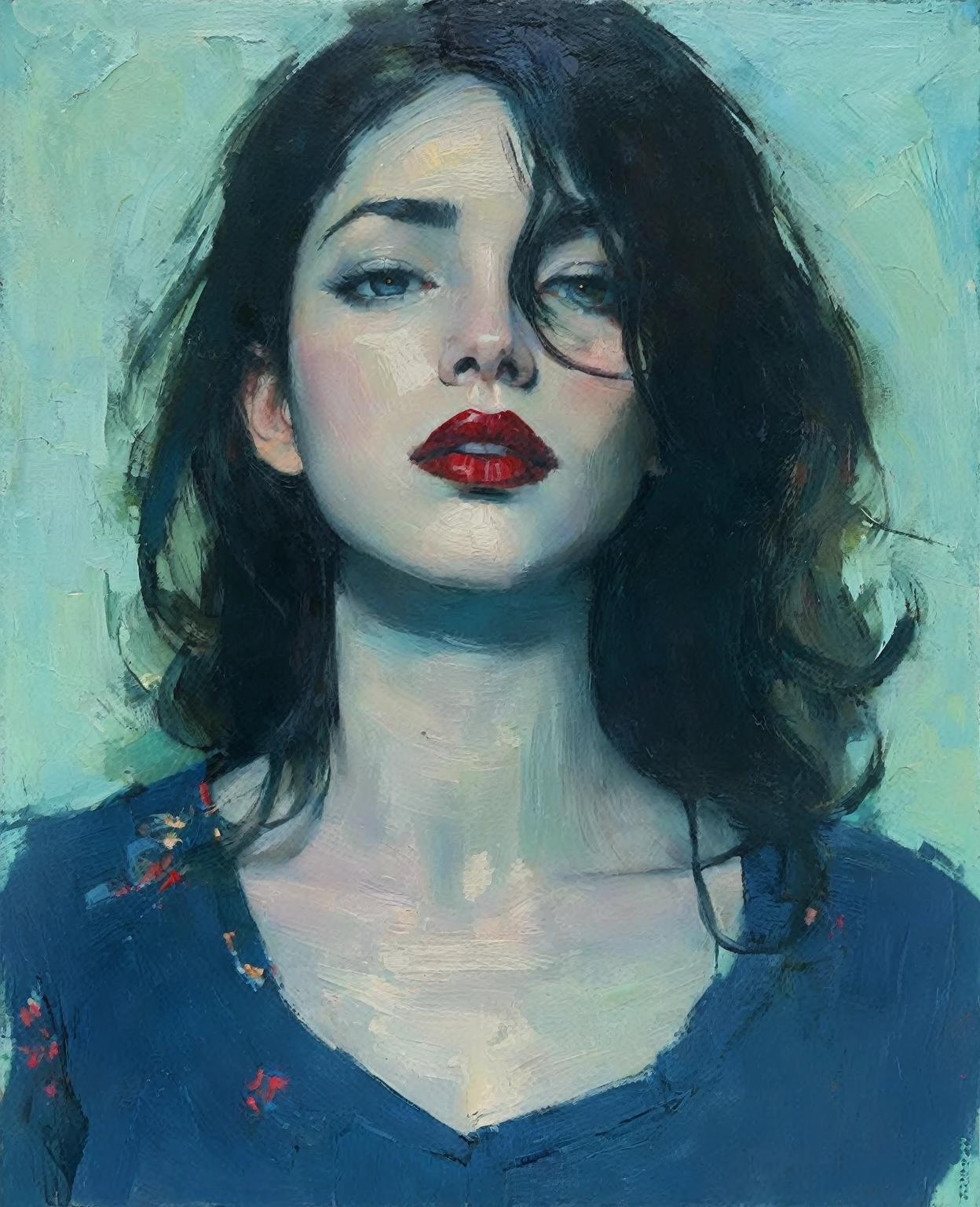 painting of a woman with a blue shirt and red lipstick, Create a portrait of a person in a contemplative or intimate pose, drawing inspiration from the art style of Malcolm Liepke. Use expressive and thick brushstrokes to add texture and depth to the painting. Employ a rich and harmonious color palette, focusing on deep, saturated hues contrasted with subtle skin tones. Pay special attention to the interplay of light and shadow to create a sense of volume and mood. The background should be abstract and textured, complementing the figure without overwhelming it. Highlight the emotional depth of the subject through their eyes and facial expression, capturing a moment of introspection or quiet intensity. The clothing and surrounding elements should blend seamlessly into the overall composition, with less detail, allowing the figure to remain the focal point. Strive to balance realism with painterly abstraction, emphasizing the tactile quality of the paint and the emotional resonance of the subject