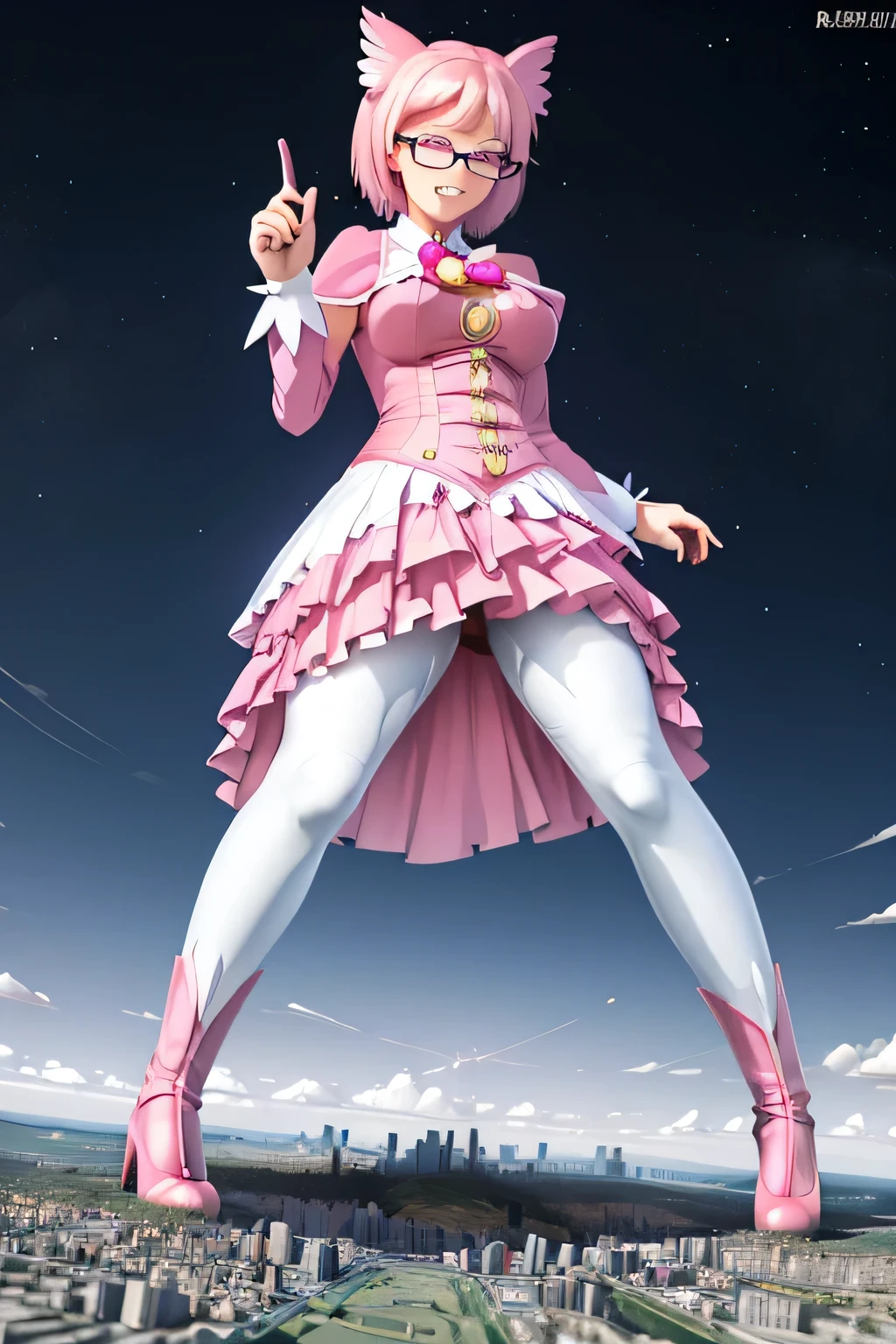 giantess art, highly detailed giantess shots, giantess, Two legs, Five fingers, short hair, A beautiful girl who is bigger than a skyscraper, Wearing rimless glasses, smile, Big Breasts, pink dress, bow, magical girl, holding a magical wand, black pantyhose, pink stiletto heels, thunderbolt from a magical wand, Destroying cities, A very small big city, Miniature metropolis, Full body description, GTS, giga giantess, stomping city, crash city, tiny city, micro city, pantyhose feet, High resolution, highest quality, masterpiece, peeing self,