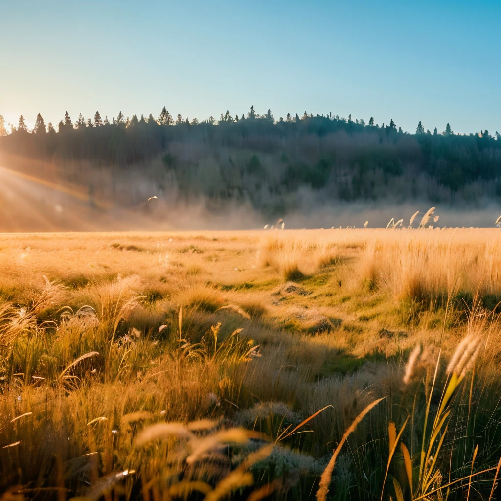 A frosted field of tall grasses, weeds, and wildflowers in the early morning sunlight. Very cold.