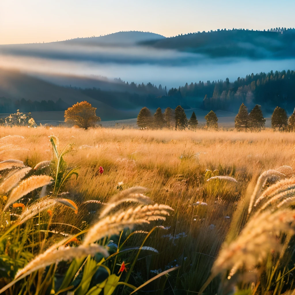 A frosted field of tall grasses, weeds, and wildflowers in the early morning sunlight. Very cold.