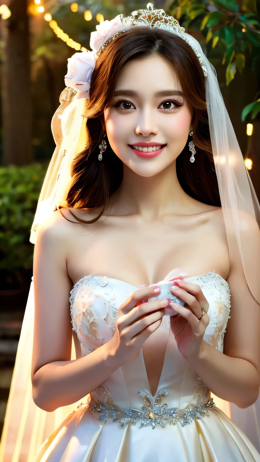 (8K), (best quality: 1.2), (Practical), (Reality: 1.37), Ultra HD, Ultra Detail，1 Chinese girl, Lovely, Smile, Shut up, Makeup， Beautiful details, Beautiful nose, Half Body, Wet hair, Wedding dress