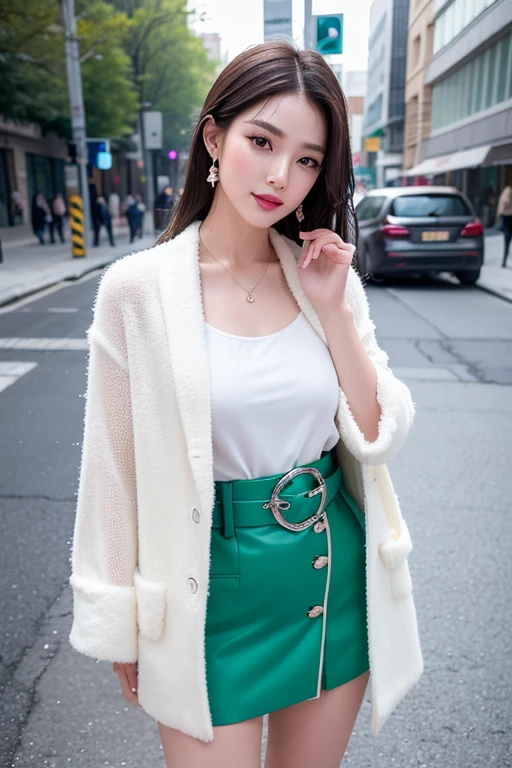 1 girl, Korean model, extremely beautiful, perfect body. Photo taken with Canon EOS EF 200mm f/11 Camera adjusted to sharp landscape and full body shooting mode. 8K photo quality, lifelike, masterpiece, sharpest and highest contrast, large depth of field, stereoscopic lighting. Her hair is pink, long and smooth, the wind blows it beautifully under the bright sunlight. Beautiful face, perfect and sexy, holy, perfectly proportioned, beautiful in every detail, ((shiny)), high-end cosmetic makeup. Bright smile, pure white teeth and details. Attractive glossy red lips, brilliant glossy red lipstick. Brown eyes, glossy, seductive, ((sharp makeup)), realistic, ((wet eyes)), detailed. Pink eyeshadow, long eyelashes, blush, high-end cosmetics. Two delicate eyelids, perfectly beautiful and detailed, black eyelashes. Eyebrows are curved, sparse, sharp and detailed. High and detailed nose. Cheeks are prominent and detailed. ((Bright white skin)), detailed pores, shiny skin, smooth skin. Long, shiny legs. Hands are beautiful, perfect, ((no flaws)), no defects. Complex lighting, yellow-black rays, ((lighting directly on the face)), sparkling sunlight, ((lighting on the front of the girl's body)). Gold and silver earrings, diamond necklace, emerald belt, Rolex watch, thin pink shirt, blue dress, high heels, jade bracelet. ((Girl standing on the street, white snow, cold wind, frost, bitter cold, numbness, freezing, weapons, knives, guns, tanks)).