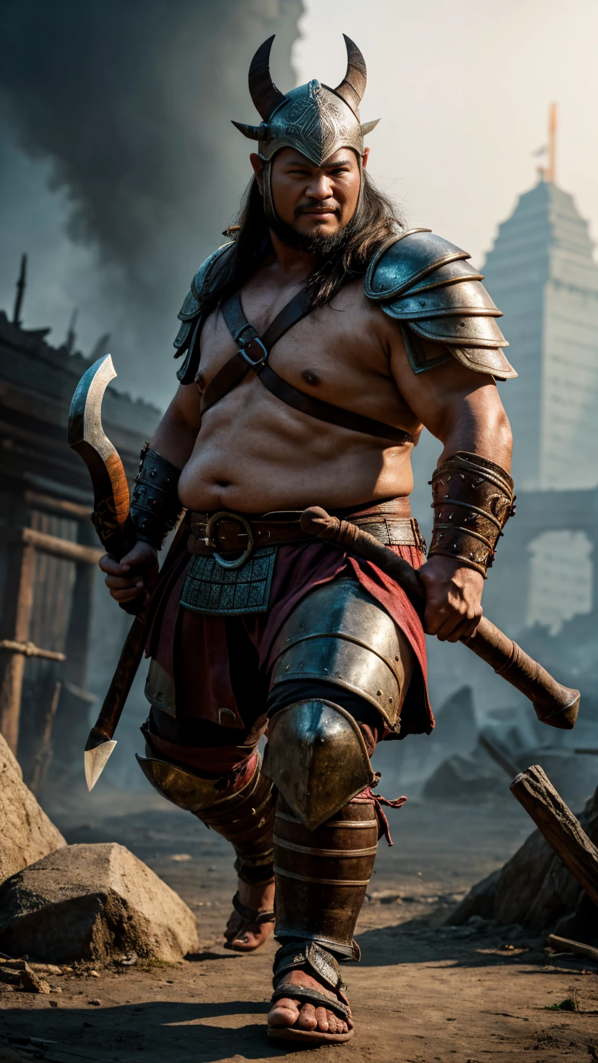 looking at me, face focus, a robust build barbarian, mid combat, He is a ferocious Japanese fat barbarian, intense battle scene, leather armor, viking helmet, holding a double edged ancient legendary axe, legs exposed from thighs to feet, fierce, battleground background, Standout features include a prominent nose and thick eyebrows, bald, masterpiece, volumetric lighting, Dramatic, Uighur the Warden, ((ultra sharp)), ((masterpiece)), ((best quality)), ((ultra detailed)), ((intricate details)), Inguinal region detailed, Dilapidated, smirking,