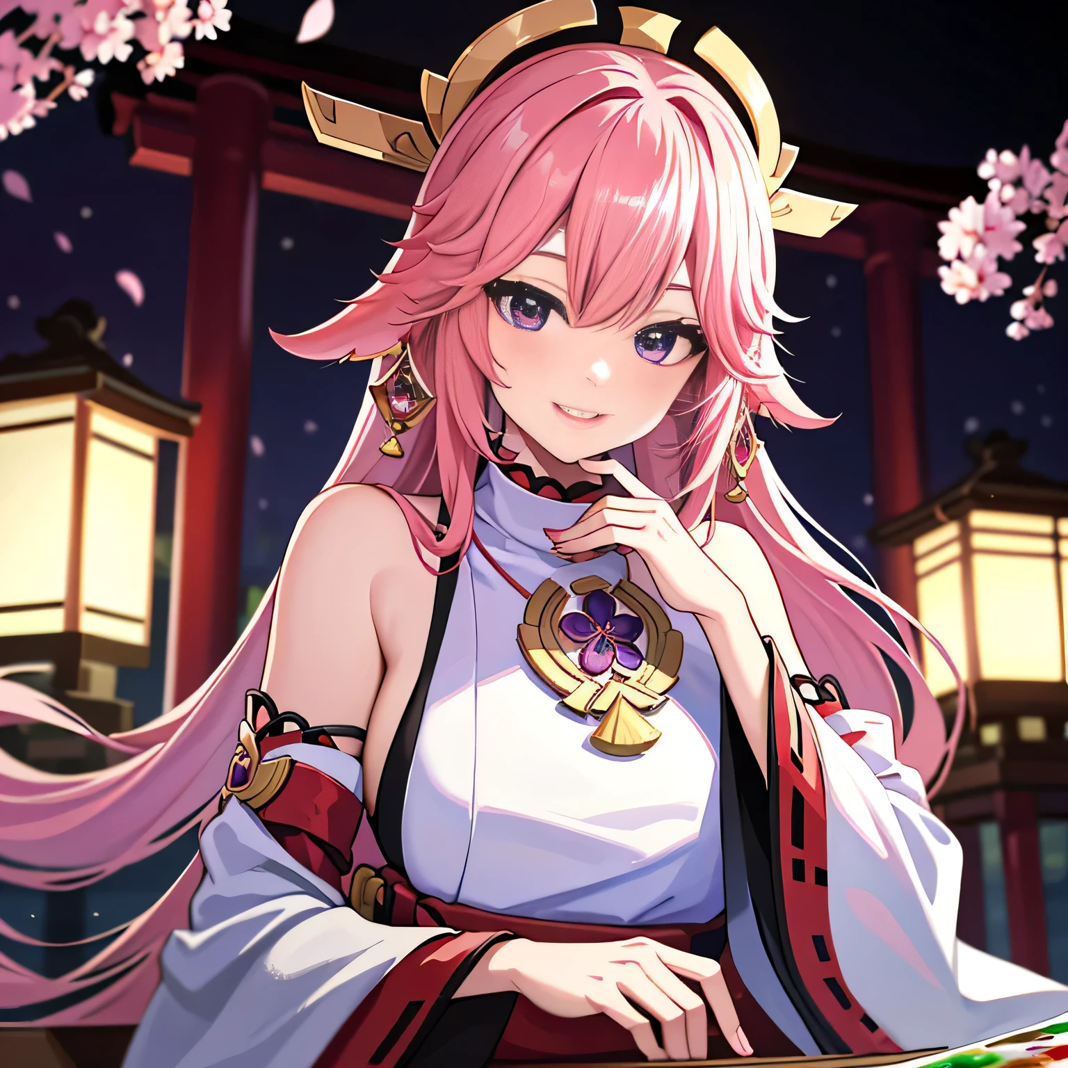1girll, (Ulzzang-6500:0.7), Kpop idol, Yae Miko, Detached sleeves, Bare shoulders, Pink hair, Long hair, Japanese clothes, Best quality, (Painting:1.5), (hair adornments:1.35), jewelry, Purple eyes, Earrings, Breasts, Torii, Cherry blossoms, Lantern light, Depth of field, Detailed face, Face focus, ribbon_Trim, (view the viewer:1.25), nontraditional miko, Shiny skin, Long sleeves, Smiling, Thick lips, Game CG, hands on lips, east asian architecture, (The background is blurred out:1.2), Sitting, Upper body,
