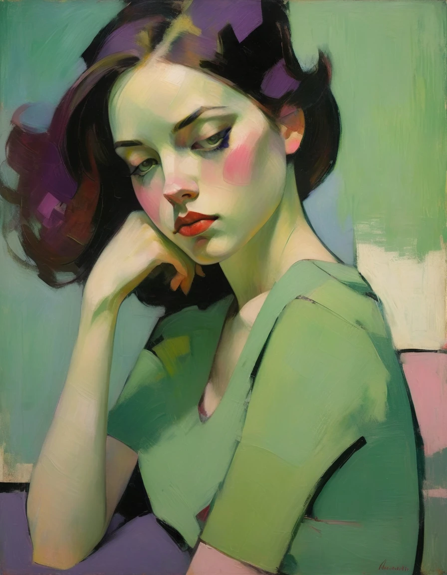 Create a portrait of a young woman in a semi-reclining pose with a pensive expression. Use a painterly style inspired by Malcolm Liepke, characterized by expressive brushstrokes and rich texture. Employ a color palette of muted greens, soft pinks, deep purples, and subtle flesh tones to evoke a sense of depth and emotion. The background should consist of abstract, textured layers in complementary colors, blending seamlessly with the figure. Pay attention to the contrast between the smooth, detailed rendering of the face and the rough, textured application of paint in the surrounding areas. Capture the delicate balance of vulnerability and strength in the subject's gaze and posture