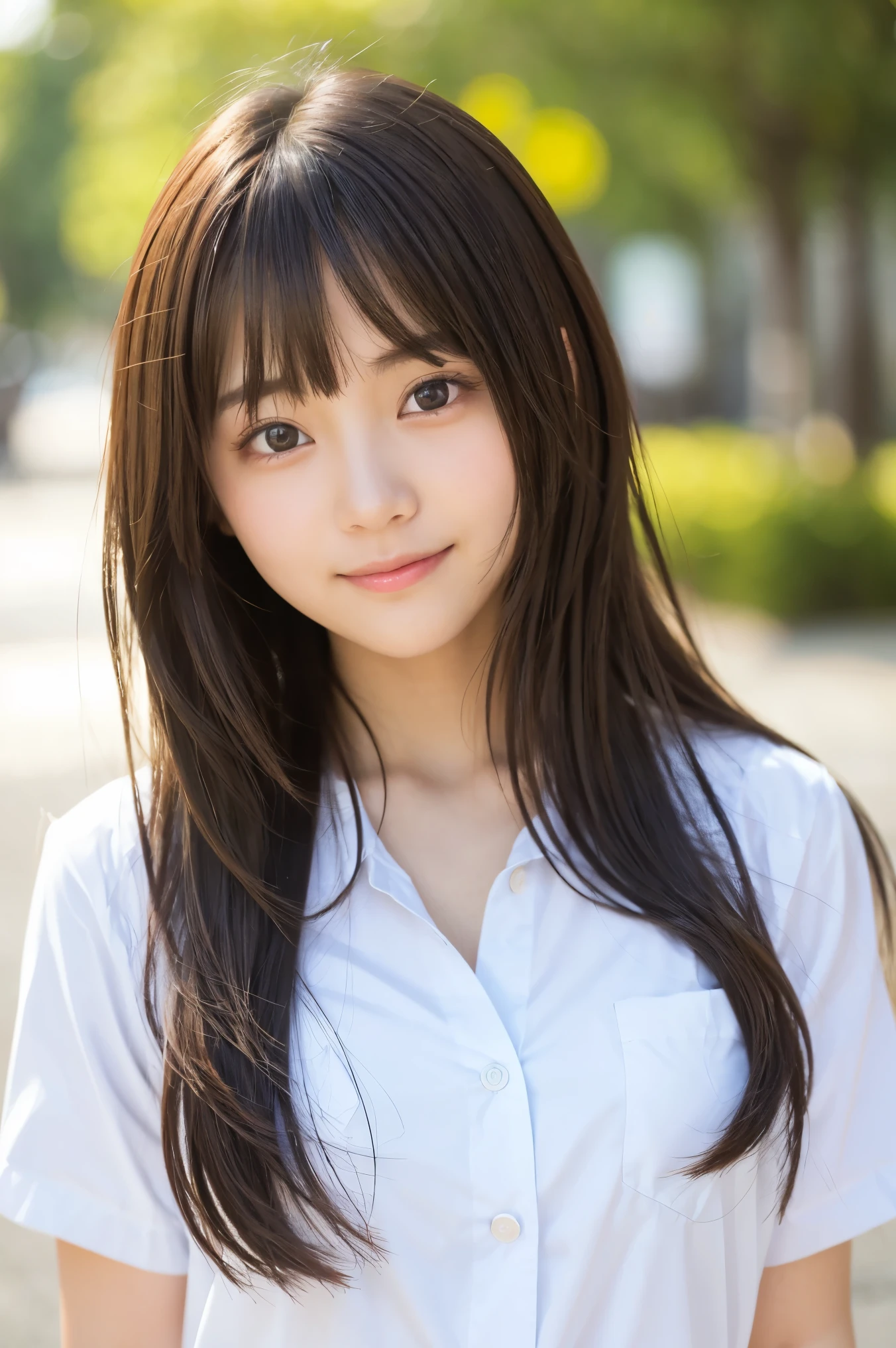 bright表情、Realistic:1.32、highest quality、超A high resolution、最も美しい日本のgirlの写真、Cute and beautiful face details、Small face、美しいbangs、、Shine, fair, Shine肌、Hair gets tangled in the face、(girl1Only people:1.3)、顔まで伸びるbangs、bangs、Hair between the eyes、Attractive brown silky hair、bright、彼女の澄んだ瞳は魅力的にShine、Cute pose、highest quality、Confused、((The cutest girl in the world))、Japanese、((Summer Uniforms for Students:1.3))、((Open shirt:1.3))、(High waist pleated skirt)、Newest Brands、(Side Half Up:1.3)、(Thin ribbon)、Nice and cute、An innocent smile、nice smile、Cleavage、(Big Breasts:1.3)、(Pose cutely:1.3)、Brown Hair、Tight waist、Beautiful eyes in every detail、View your viewers、Upper Body、Face close-up、Front view、
