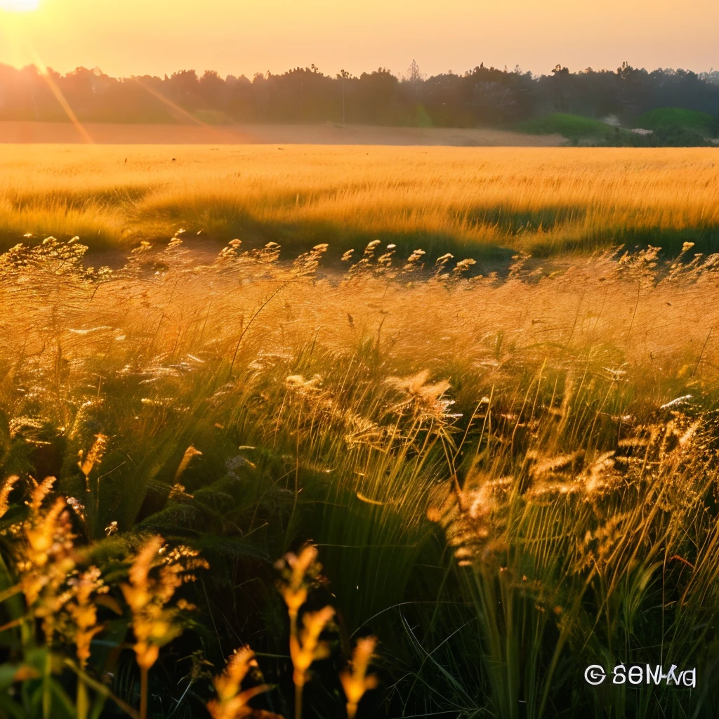 A frosted field of tall grasses, weeds, and wildflowers in the early morning sunlight. Very cold.