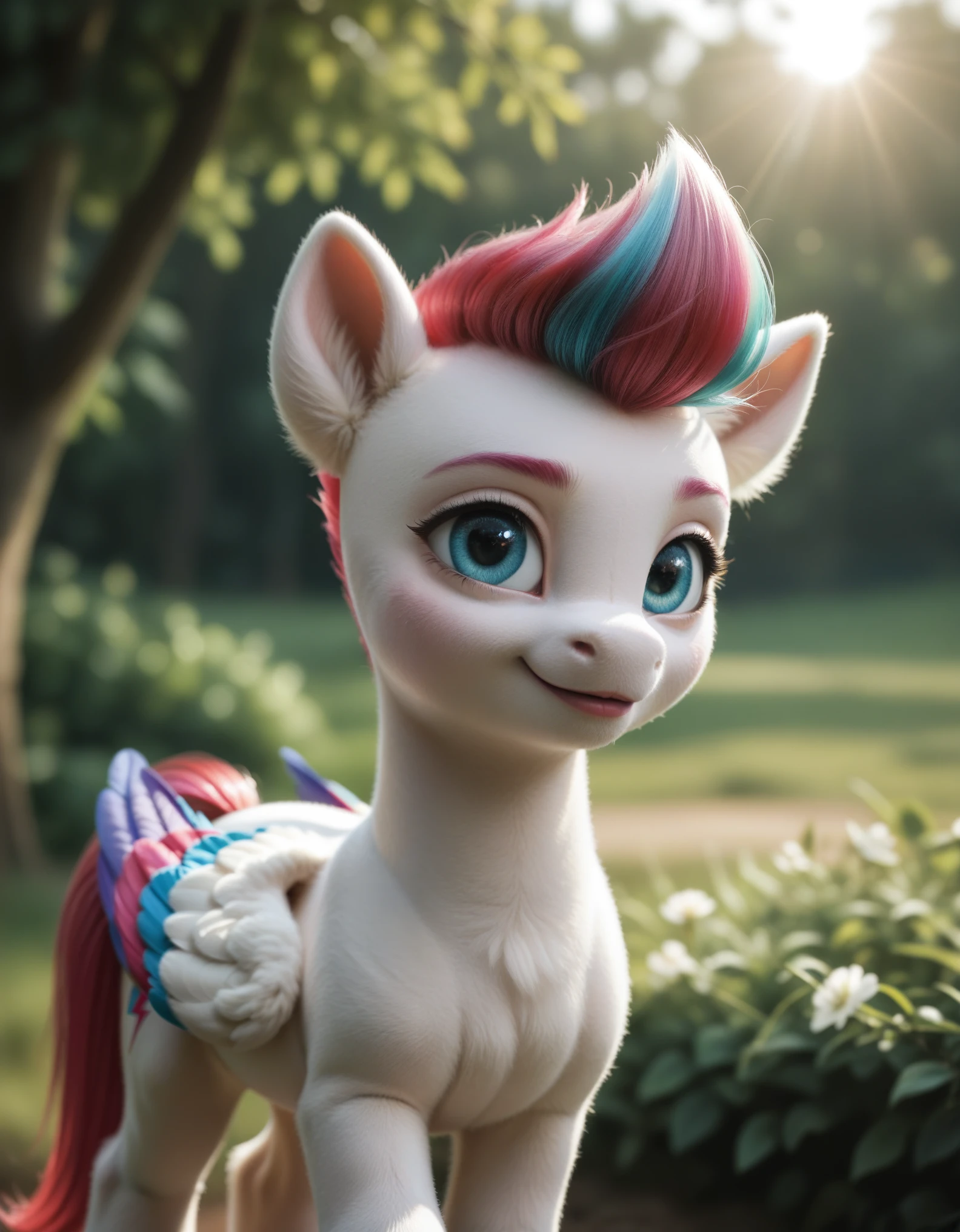 score_9, score_8_up, score_7_up, rating_safe, Zipp Storm, ((cute, little, fuzzy pony, fur)), (high quality, detailed, beautiful), shiny, adorable face, detailed beautiful eyes, diadema, sunlight, realistic, outstanding, countershading, detailed soft lighting, ear fluff, hoof on face, cinematic vintage photography