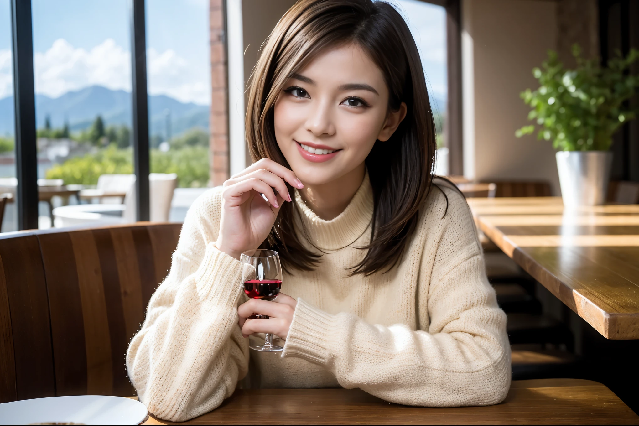 ((highest quality、8k、masterpiece:1.3))、Ray Dan lookalike beauty、1 male1 female、Couple、lover.Spouse、half、The body is slim、((Bob Hale、Straight hair:1.2)), (Realistic, Intricate details:1.2), Wine glass on the table、Shine light on your face、 Amazing view of the sunset sky and clouds、Amazing mountain views、A bright smile、The wonderfulness of smile、Bright image、The beauty of wine, Beautiful Face, blue eyes, The light shines on your face, Blushing, short hair,Bright Face、 (Age 44), 39years old, red wine 、Appetizers、Italian food、Wine bottle、Champagne、sparkling wine、Two beauties、Brown Hair、Shortcuts、Long sleeve shirt、dress、Pretty Woman 1, (Slim face), (The body is slim), (Brown Hair), (Shortcuts), cheeks turn a little red,Attractive beauty、restaurant, In a prominent place (From the waist up) Nova Frog Style, actress, model, Upper Body, White wine, slim, wine glass, A wine glass placed in the center, smile, (smile: 1.15), Beautiful fine grain, Depth f/2,saturation, High Contrast, Strong light and shadow,Moist Body:1.5、3D texture、Delicate eyes、Brown Hair、The hair is very shiny、