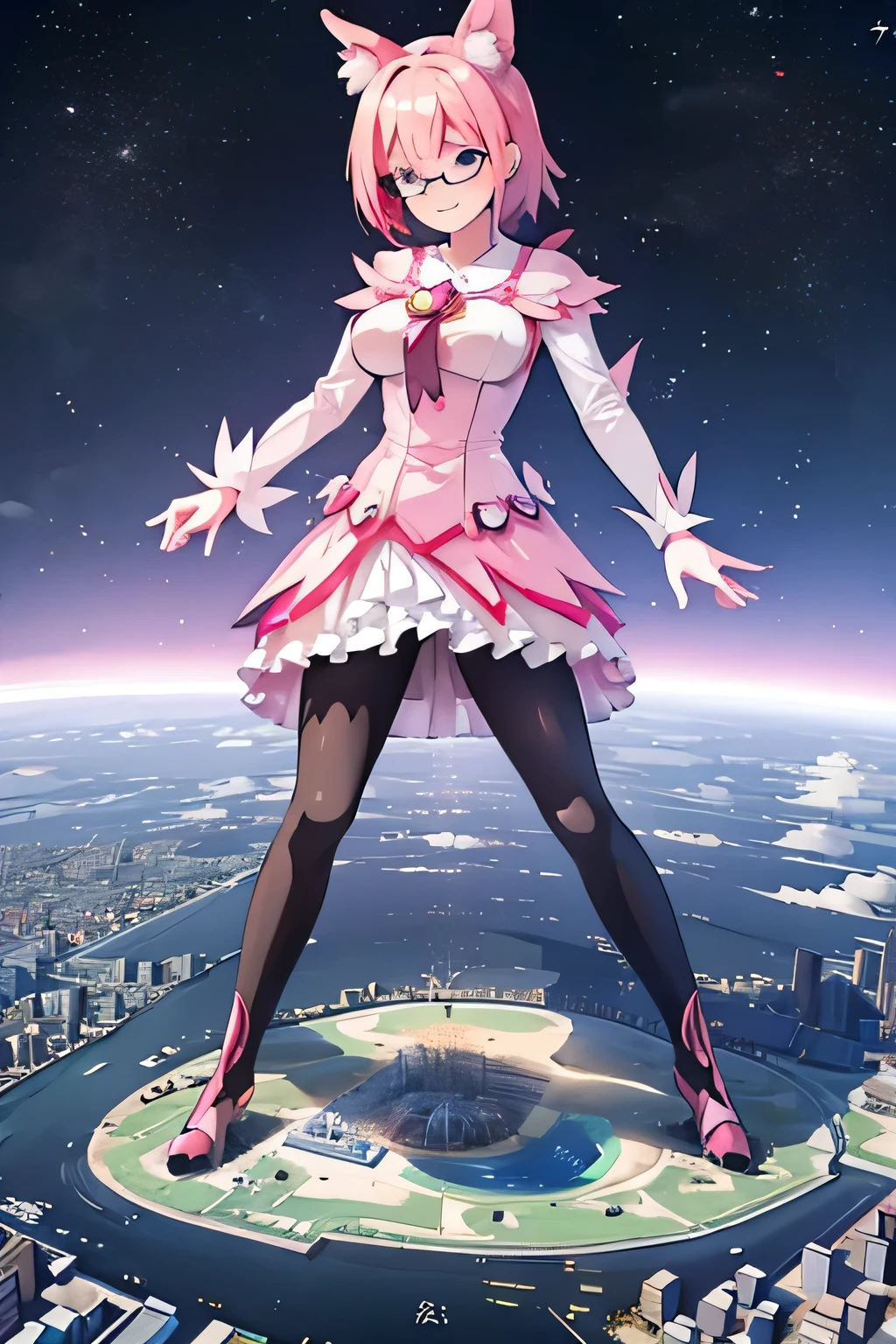 giantess art, highly detailed giantess shots, giantess, Two legs, Five fingers, short hair, A beautiful girl who is bigger than a skyscraper, Wearing rimless glasses, smile, Big Breasts, pink dress, bow, magical girl, holding a magical wand, black pantyhose, pink stiletto heels, thunderbolt from a magical wand, Destroying cities, A very small big city, Miniature metropolis, Full body description, GTS, giga giantess, stomping city, crash city, tiny city, micro city, pantyhose feet, High resolution, highest quality, masterpiece, peeing self,