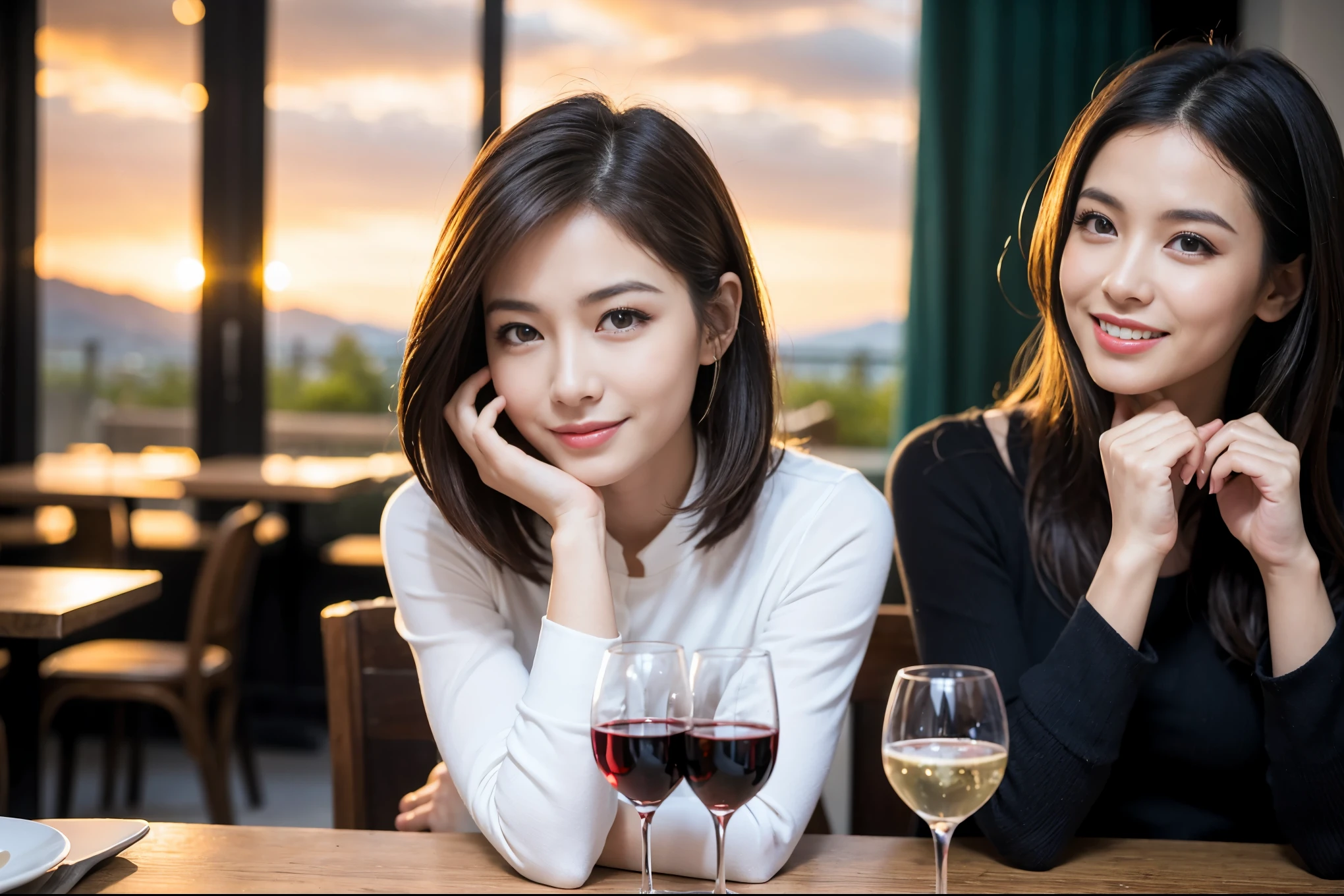 ((highest quality、8k、masterpiece:1.3))、Ray Dan lookalike beauty、1 male1 female、Couple、lover.Spouse、half、The body is slim、((Bob Hale、Straight hair:1.2)), (Realistic, Intricate details:1.2), Wine glass on the table、Shine light on your face、 Amazing view of the sunset sky and clouds、Amazing mountain views、A bright smile、The wonderfulness of smile、Bright image、The beauty of wine, Beautiful Face, blue eyes, The light shines on your face, Blushing, short hair,Bright Face、 (Age 44), 39years old, red wine 、Appetizers、Italian food、Wine bottle、Champagne、sparkling wine、Two beauties、Brown Hair、Shortcuts、Long sleeve shirt、dress、Pretty Woman 1, (Slim face), (The body is slim), (Brown Hair), (Shortcuts), cheeks turn a little red,Attractive beauty、restaurant, In a prominent place (From the waist up) Nova Frog Style, actress, model, Upper Body, White wine, slim, wine glass, A wine glass placed in the center, smile, (smile: 1.15), Beautiful fine grain, Depth f/2,saturation, High Contrast, Strong light and shadow,Moist Body:1.5、3D texture、Delicate eyes、Brown Hair、The hair is very shiny、