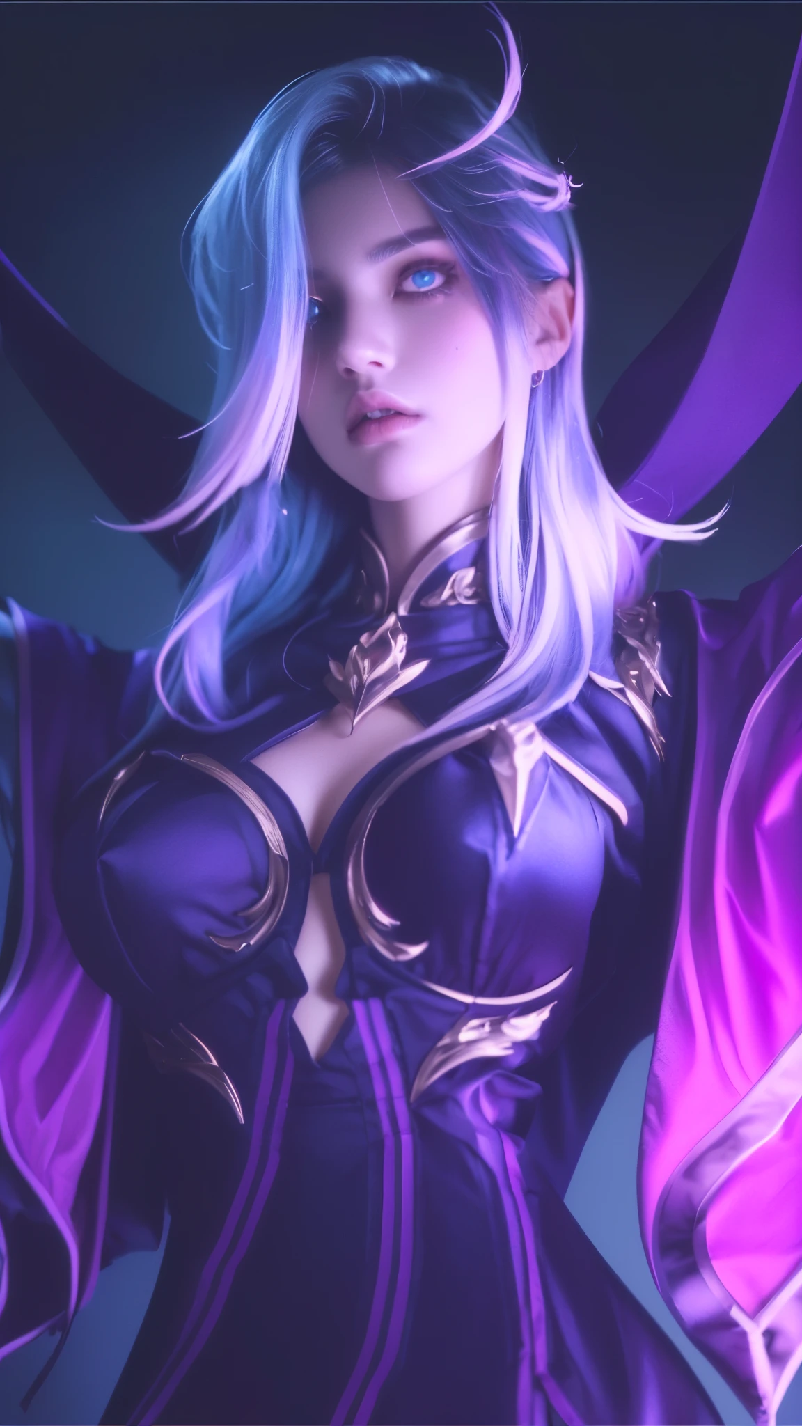 a close up of a woman with a purple and black outfit, beautiful detailed eyes, beautiful detailed lips, extremely detailed eyes and face, long eyelashes, dramatic lighting, moody colors, chiaroscuro, cinematic composition, dramatic pose, solo portrait, high fashion, 4k, best quality, ultra-detailed, realistic, photorealistic