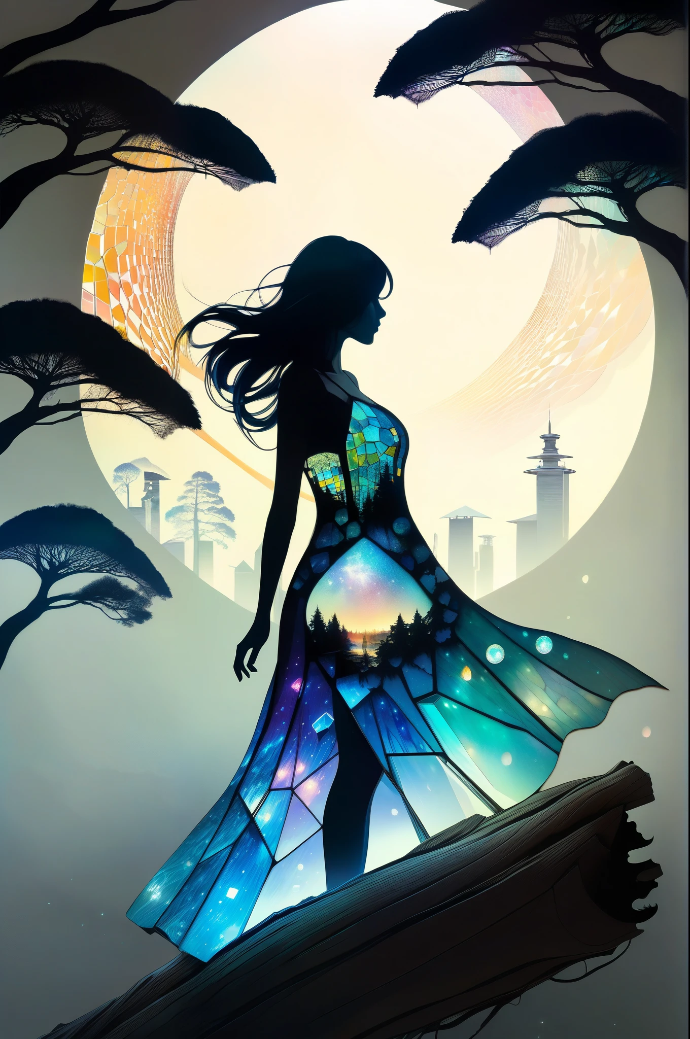 Futuristic utopia, Adventure, Aether, Kraken, Nebula, Verdant, Canvas, Spontaneous Human Combustion, Voyage, Lovely, Grateful, wolf, (Double exposure:1.3) photo of a sexy lady made of mosaic of iridescent crystal glass with sub scattering mirror surface imposing onto transparent tree hollow trunk in living brocade underbust dress made out of flowers, bokeh sky by Peter Gric, Conrad Roset, Brandon Kidwell, Andreas Lie, Dan Mountford, Dan Witz, Agnes Cecile, Jeremy Mann, fine art, super dramatic moonshine, silhouette photo illustration, amazing depth, intricate detailed fine cracked surface, stunning atmosphere, mesmerizing whimsical vibrant scenery, complex masterwork by head of prompt engineering