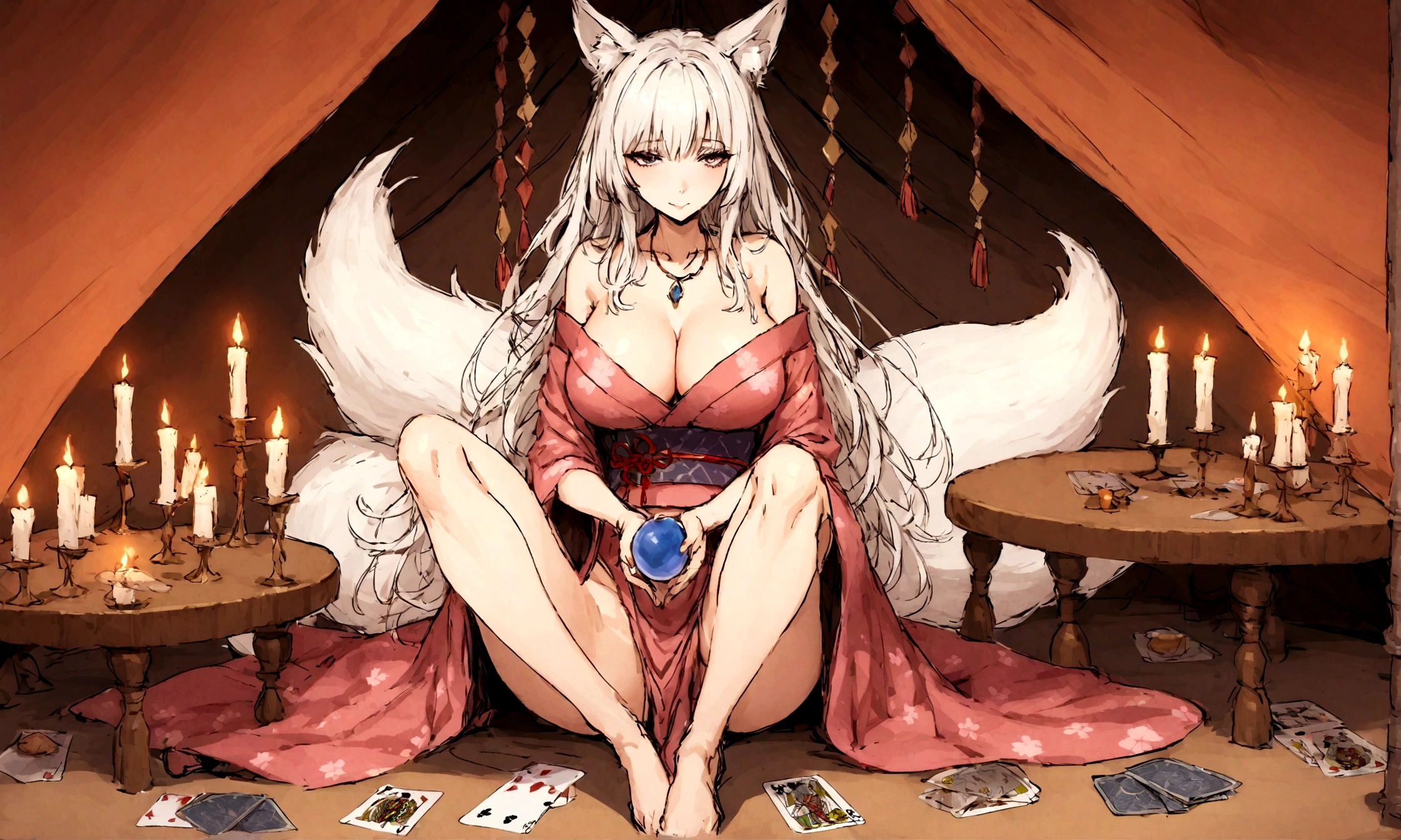 a sexy milf, has very long white hair, breasts, showing cleavage, has fox ears, wearing sakura kimono, in a gypsy tent, reading a crystal ball and surrounded by tarot cards, surrounded by candles, mystical, showing legs, sitting on cloth laden stool, has a table in front of her, has a fox tail