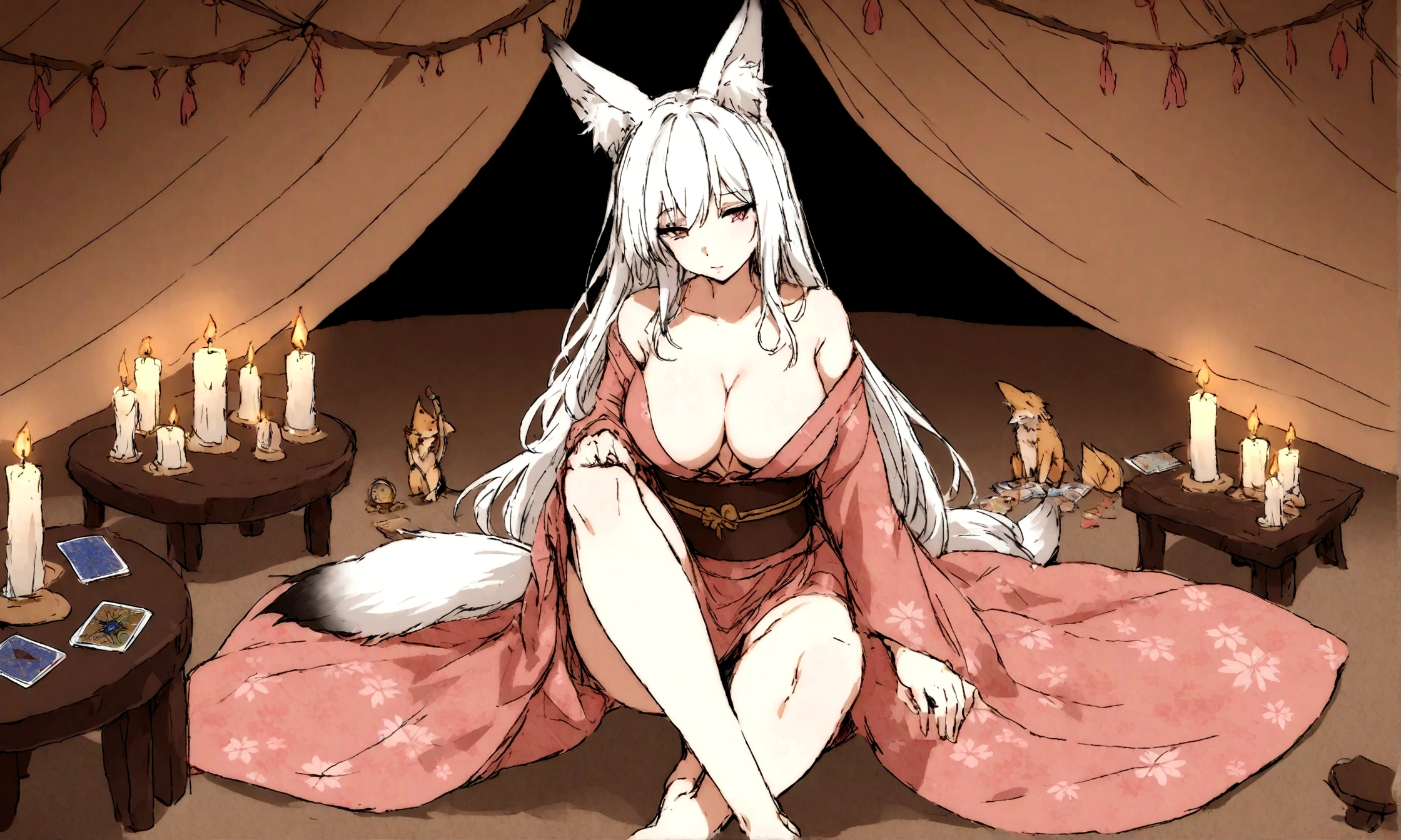 a sexy milf, has very long white hair, breasts, showing cleavage, has fox ears, wearing sakura kimono, in a gypsy tent, reading a crystal ball and surrounded by tarot cards, surrounded by candles, mystical, showing legs, sitting on cloth laden stool, has a table in front of her, has a fox tail