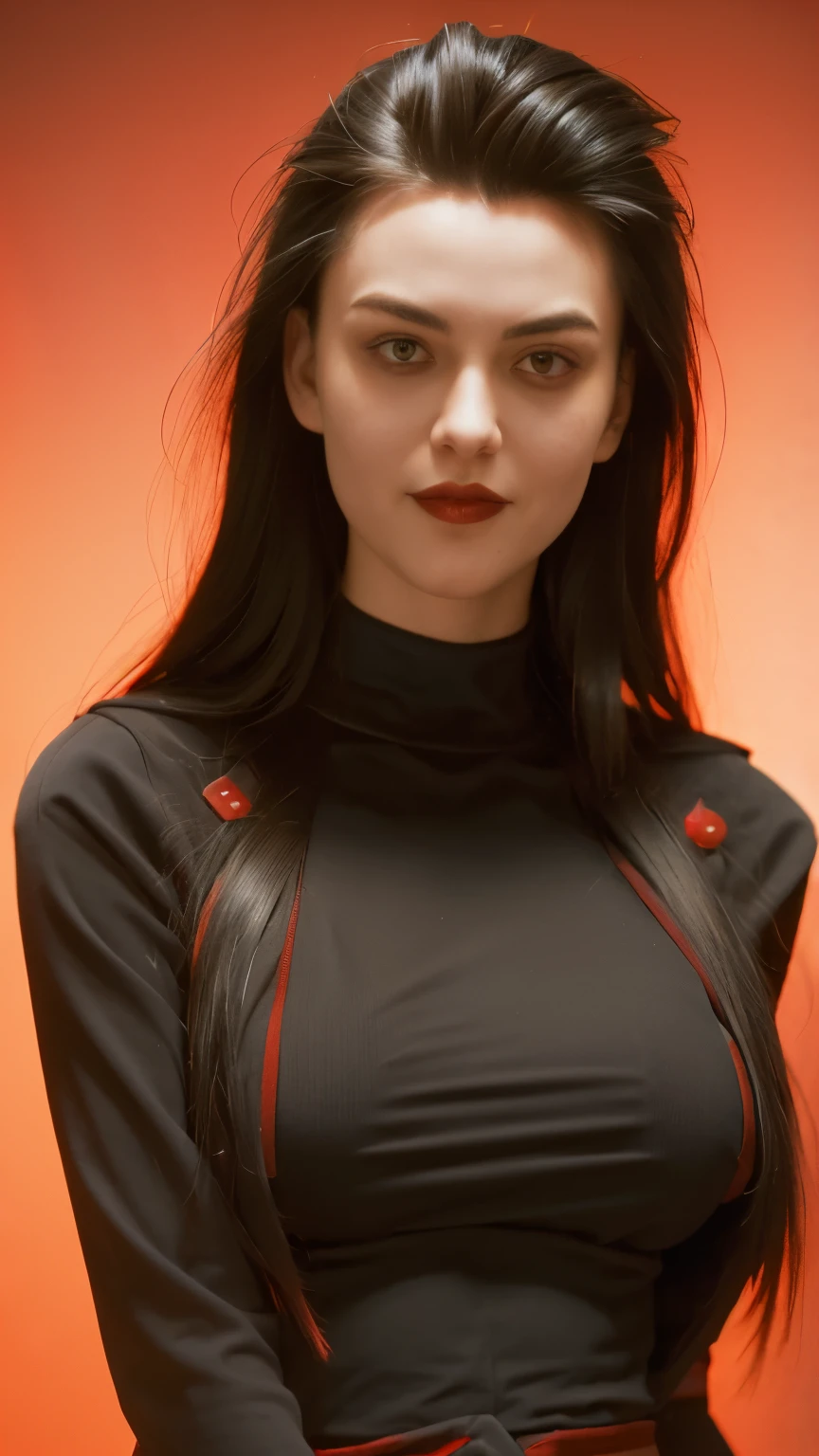 Masterpiece, Best quality, High accuracy, 1girl, Single, Modern vampires, Red poetry, long hair, Open hair, Red eyes, Evil smile, 2 little boys on either side of her, both vampires with Red poetry, Red and black uniform, Scary background, big boobs, big breasts, bulging boobs